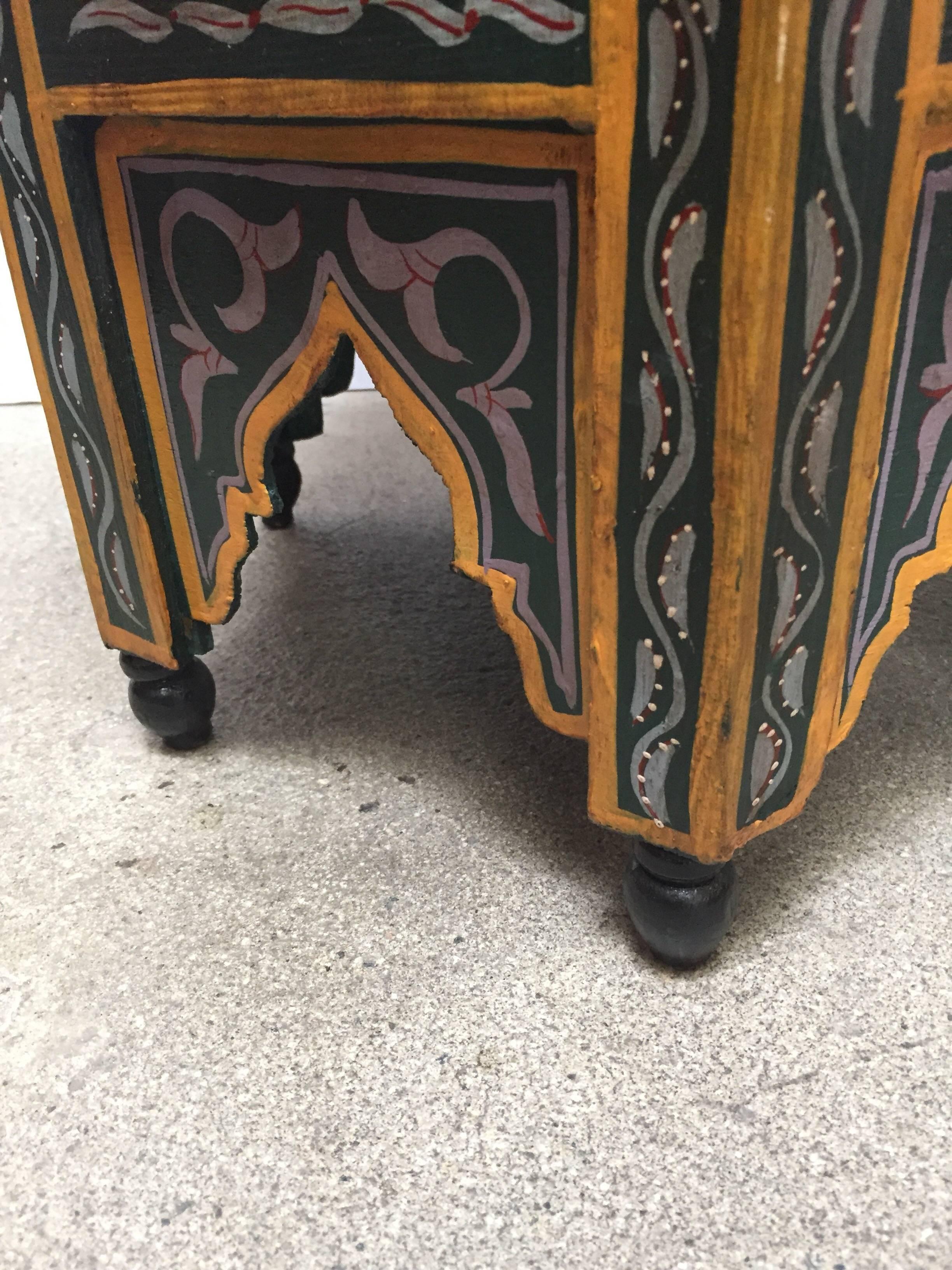 Moroccan Hand-Painted Dark Green Side Table with Moorish Designs 4