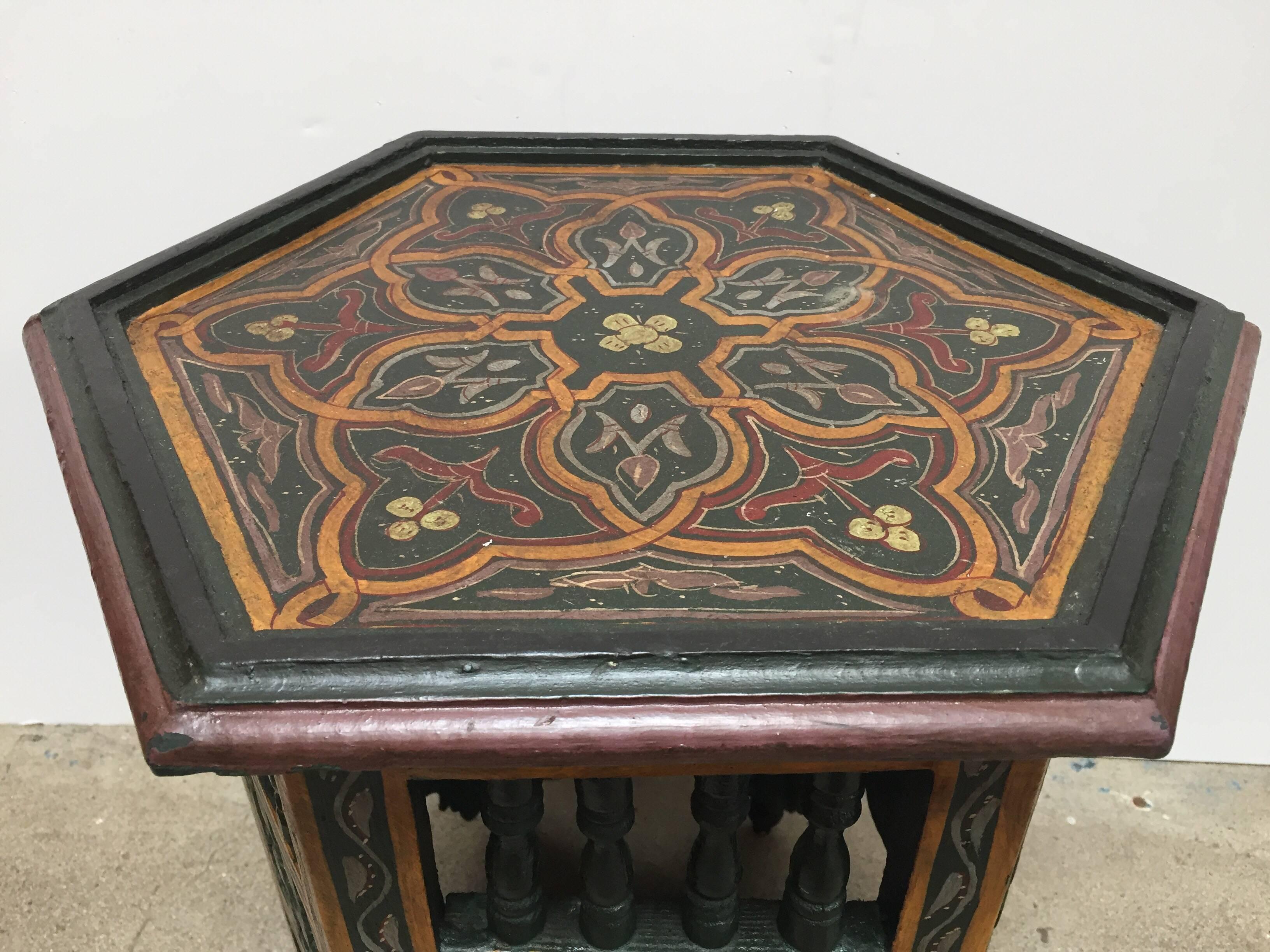 Moroccan Hand-Painted Dark Green Side Table with Moorish Designs 10