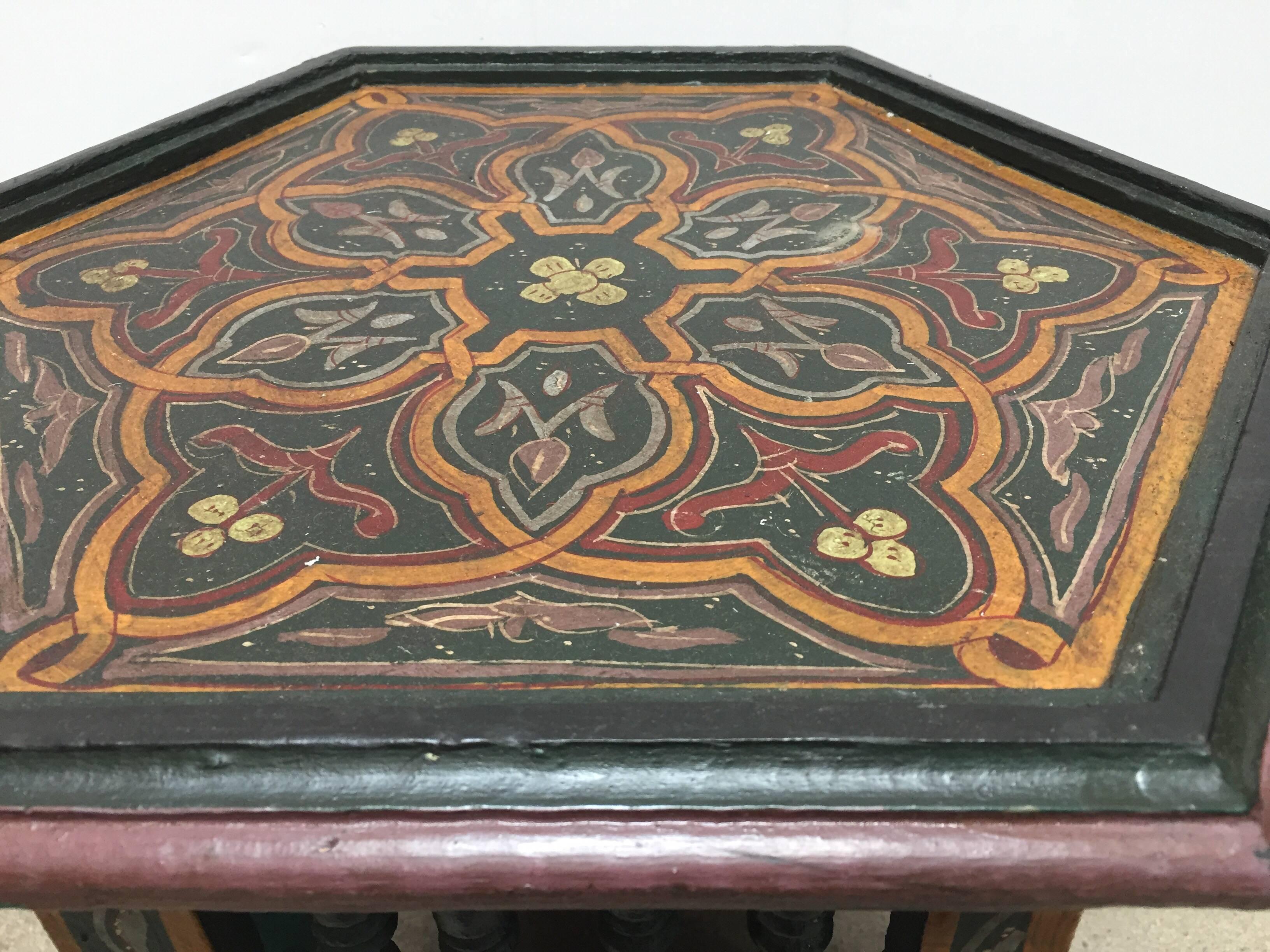 Moroccan Hand-Painted Dark Green Side Table with Moorish Designs 11