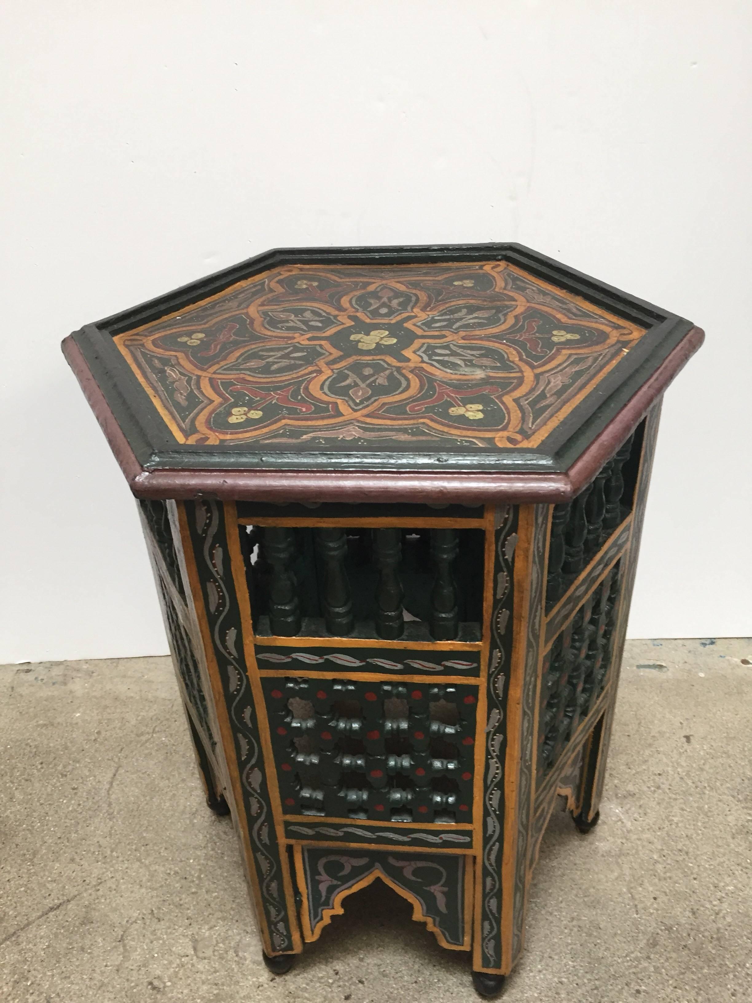 Islamic Moroccan Hand-Painted Dark Green Side Table with Moorish Designs