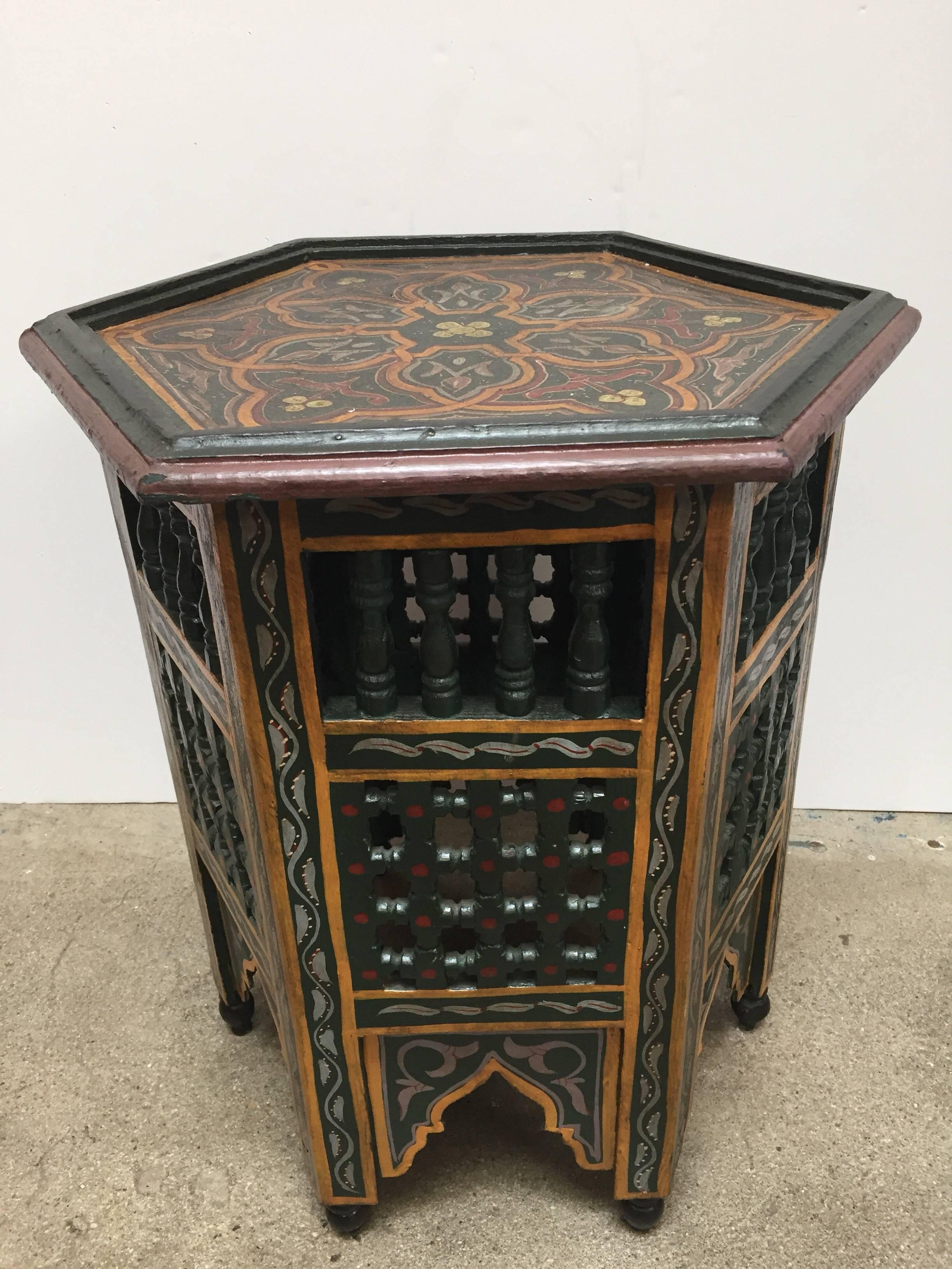 Hand-Crafted Moroccan Hand-Painted Dark Green Side Table with Moorish Designs