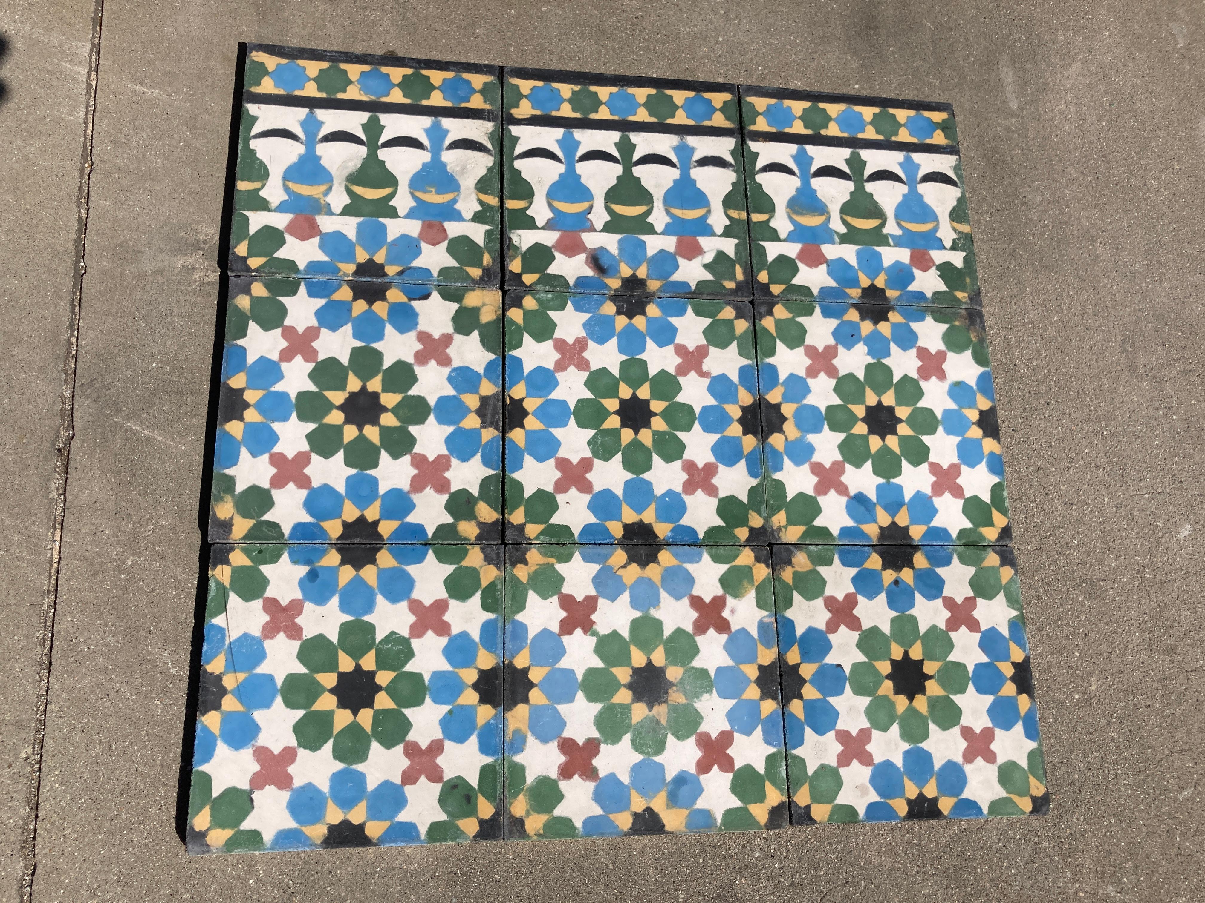 Moroccan handcrafted and hand-painted cement tile with traditional Fez Moorish design. 
Moroccan hand-painted cement tile with traditional fez design 
These are authentic Moroccan encaustic tiles hand made by artisans in Fez Morocco. 
This is the