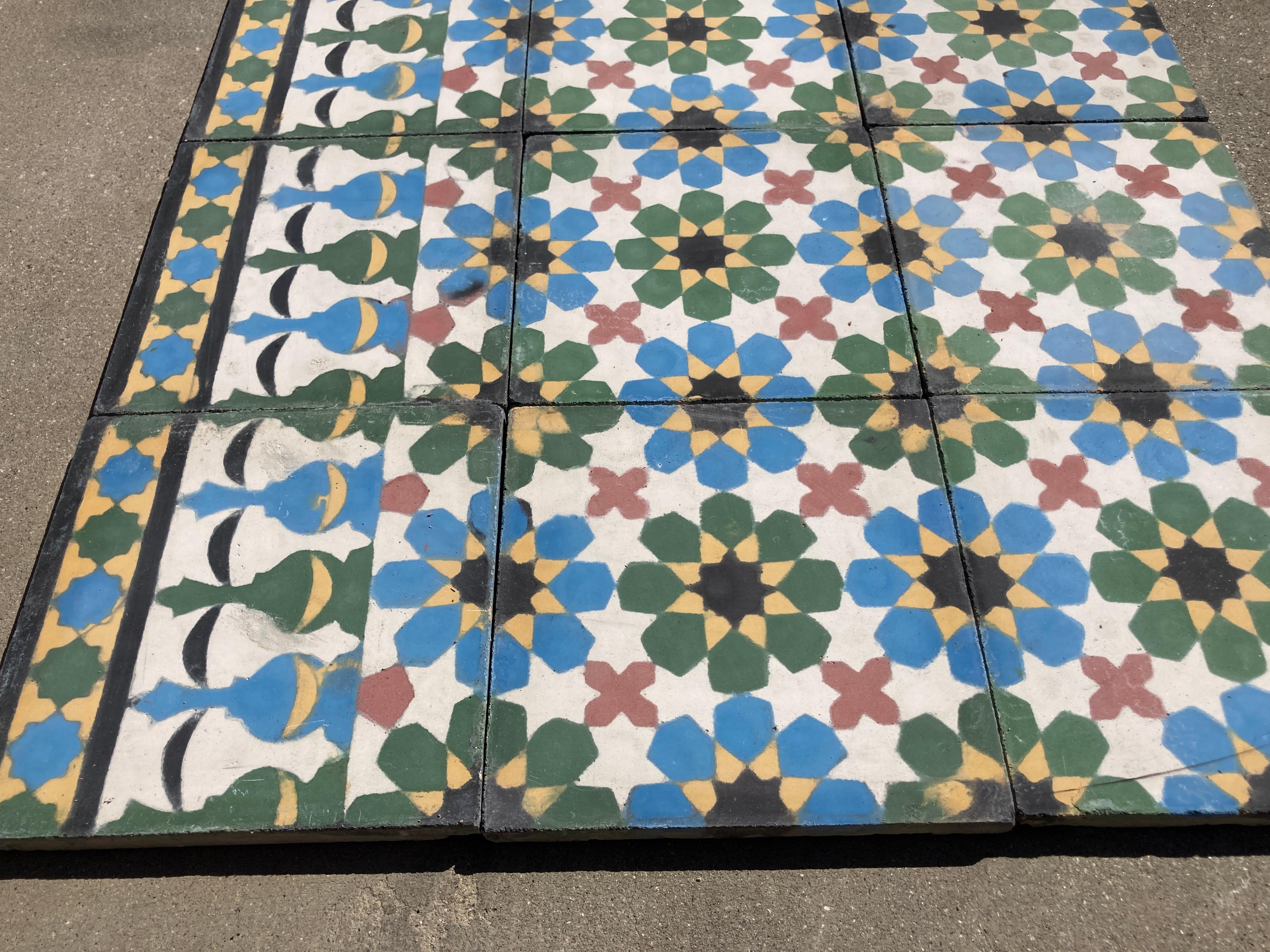 Hand-Painted Moroccan Encaustic Cement Tiles with Traditional Fez Moorish Design