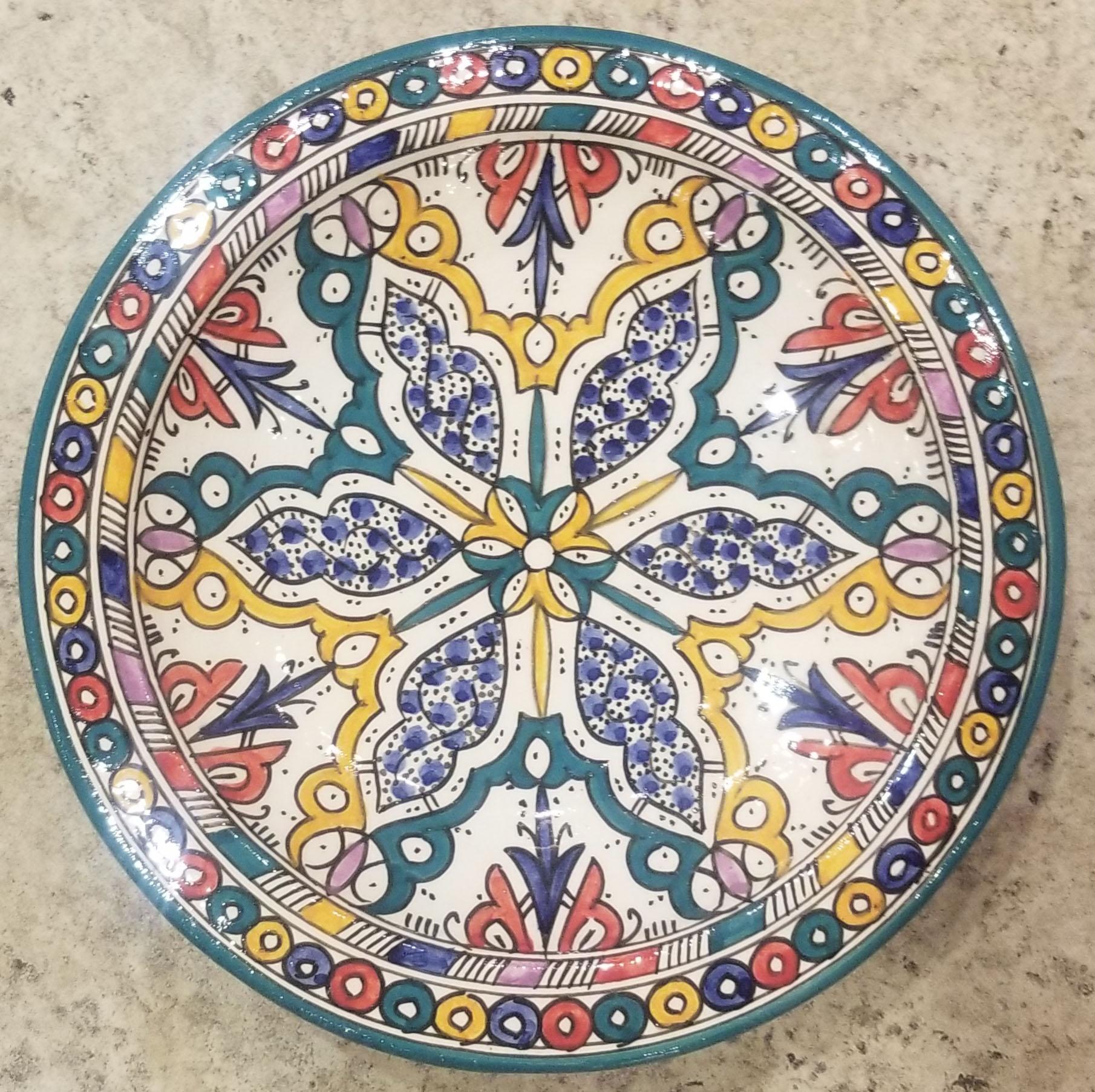 Contemporary Moroccan Hand Painted Pottery Plate, Multi-Color 100 For Sale