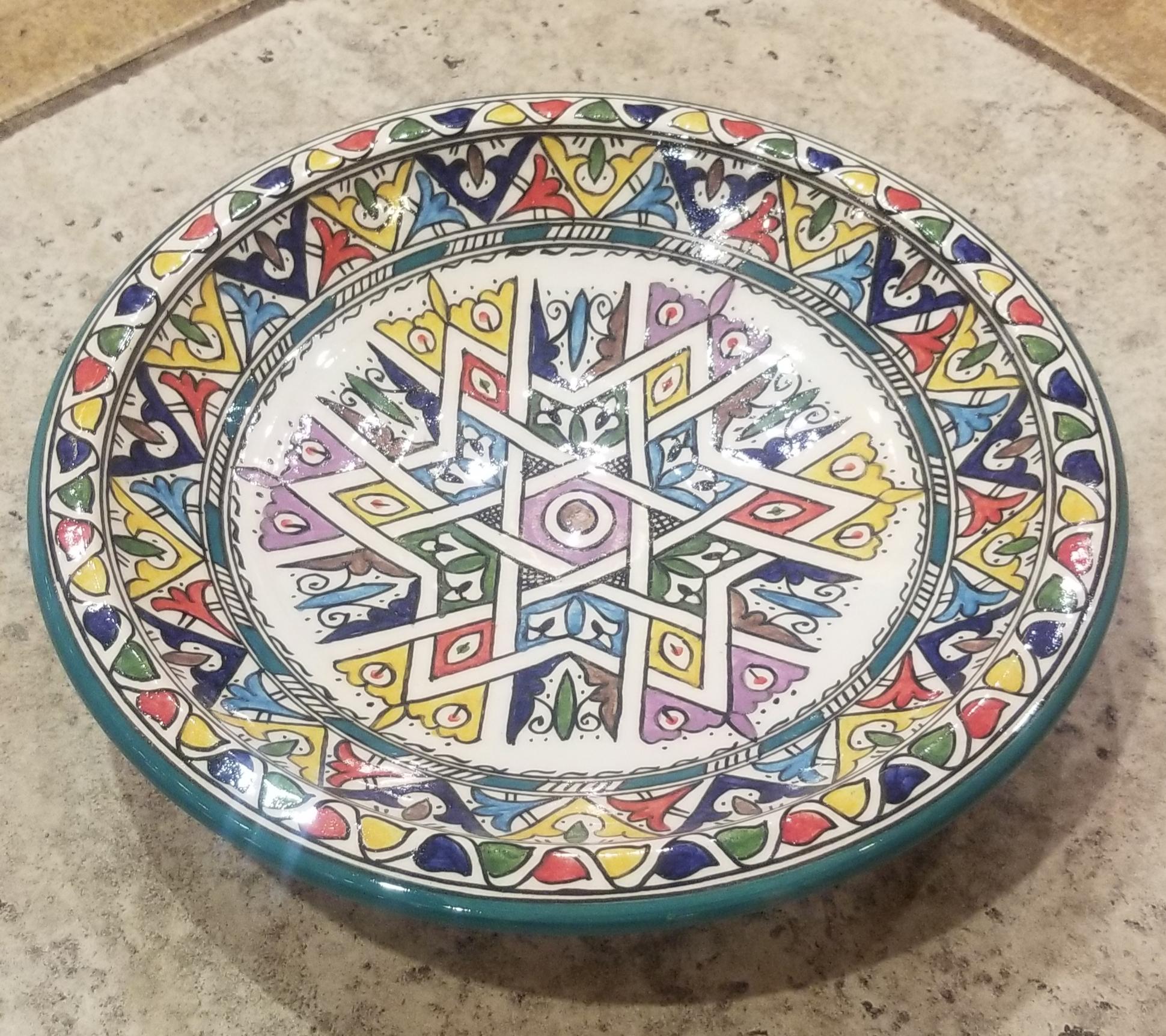 Hand-Painted Moroccan Hand Painted Pottery Plate, Multi-Color 101 For Sale