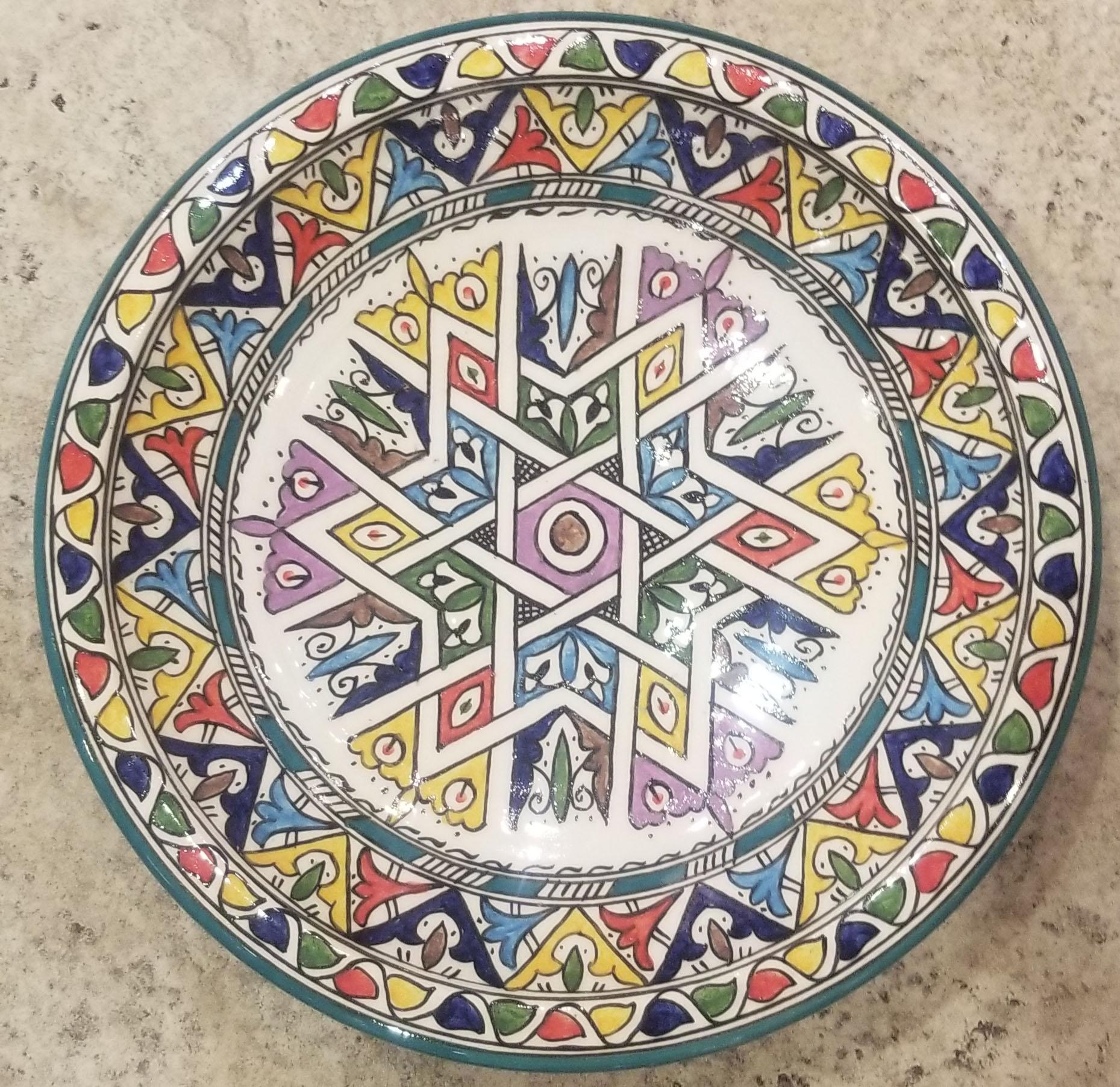 Contemporary Moroccan Hand Painted Pottery Plate, Multi-Color 101 For Sale