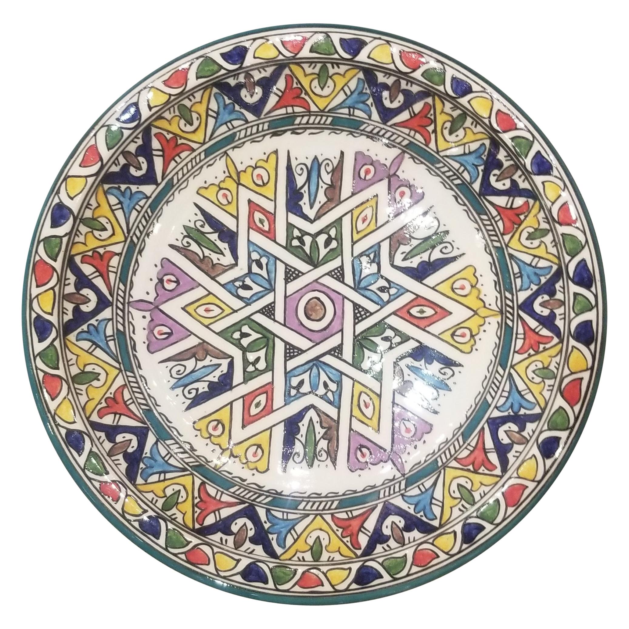 Moroccan Hand Painted Pottery Plate, Multi-Color 101 For Sale