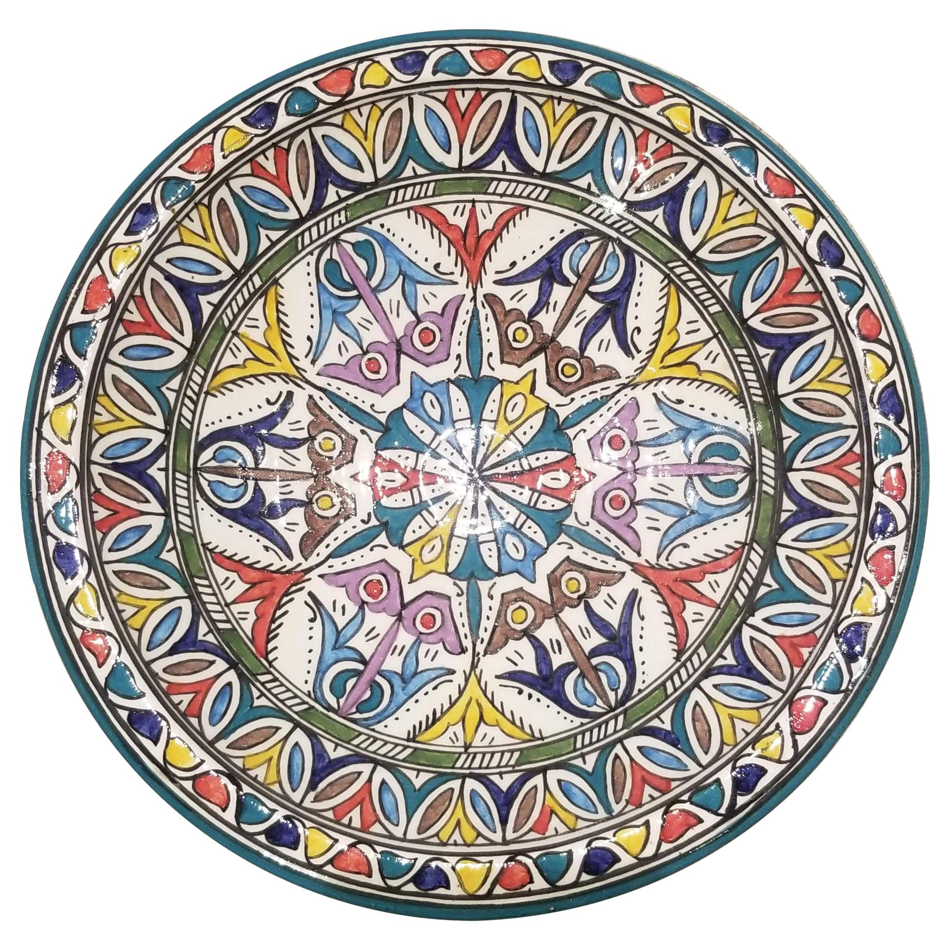Moroccan Hand Painted Pottery Plate, Multi-Color 91 For Sale