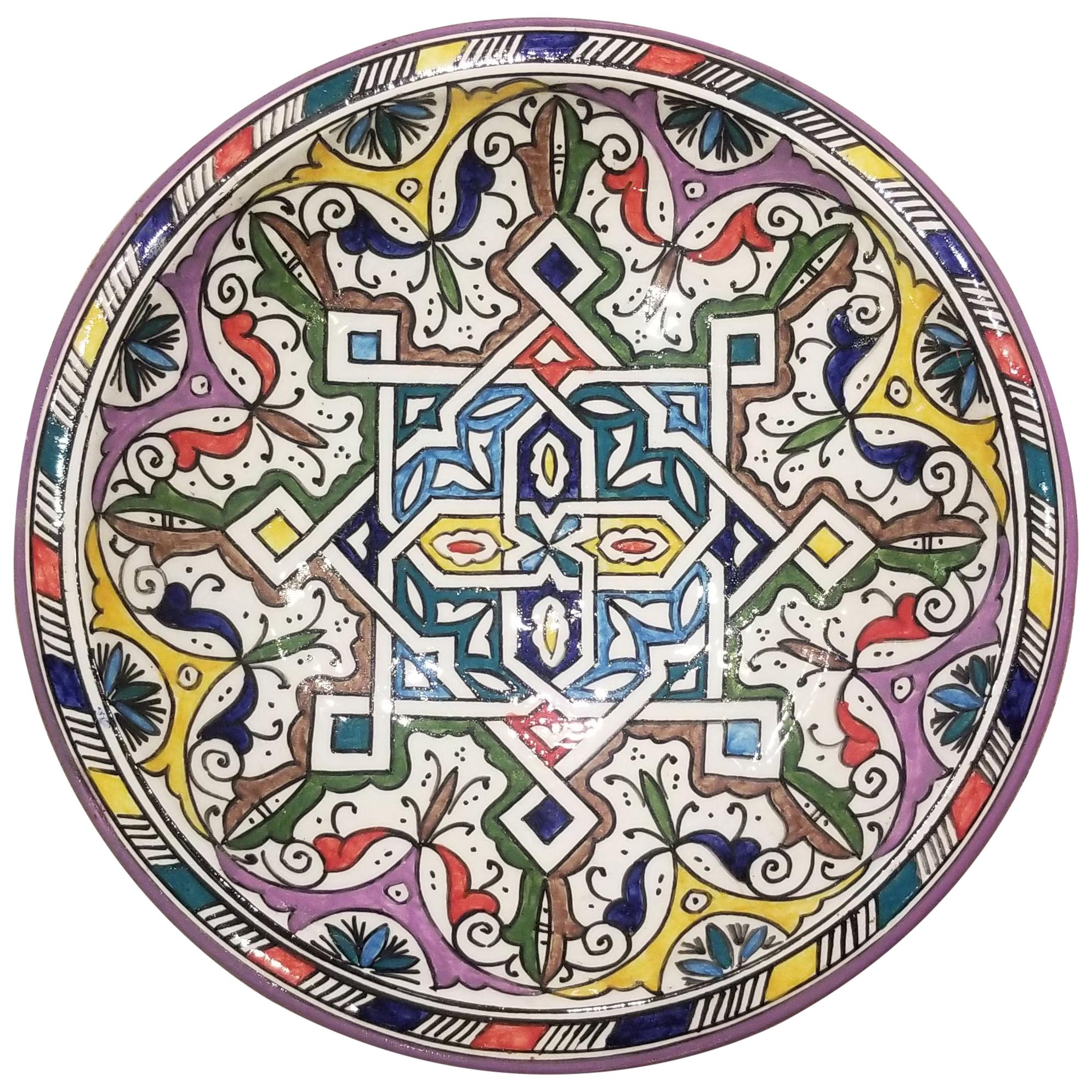 Moroccan Hand Painted Pottery Plate, Multi-Color 94 For Sale