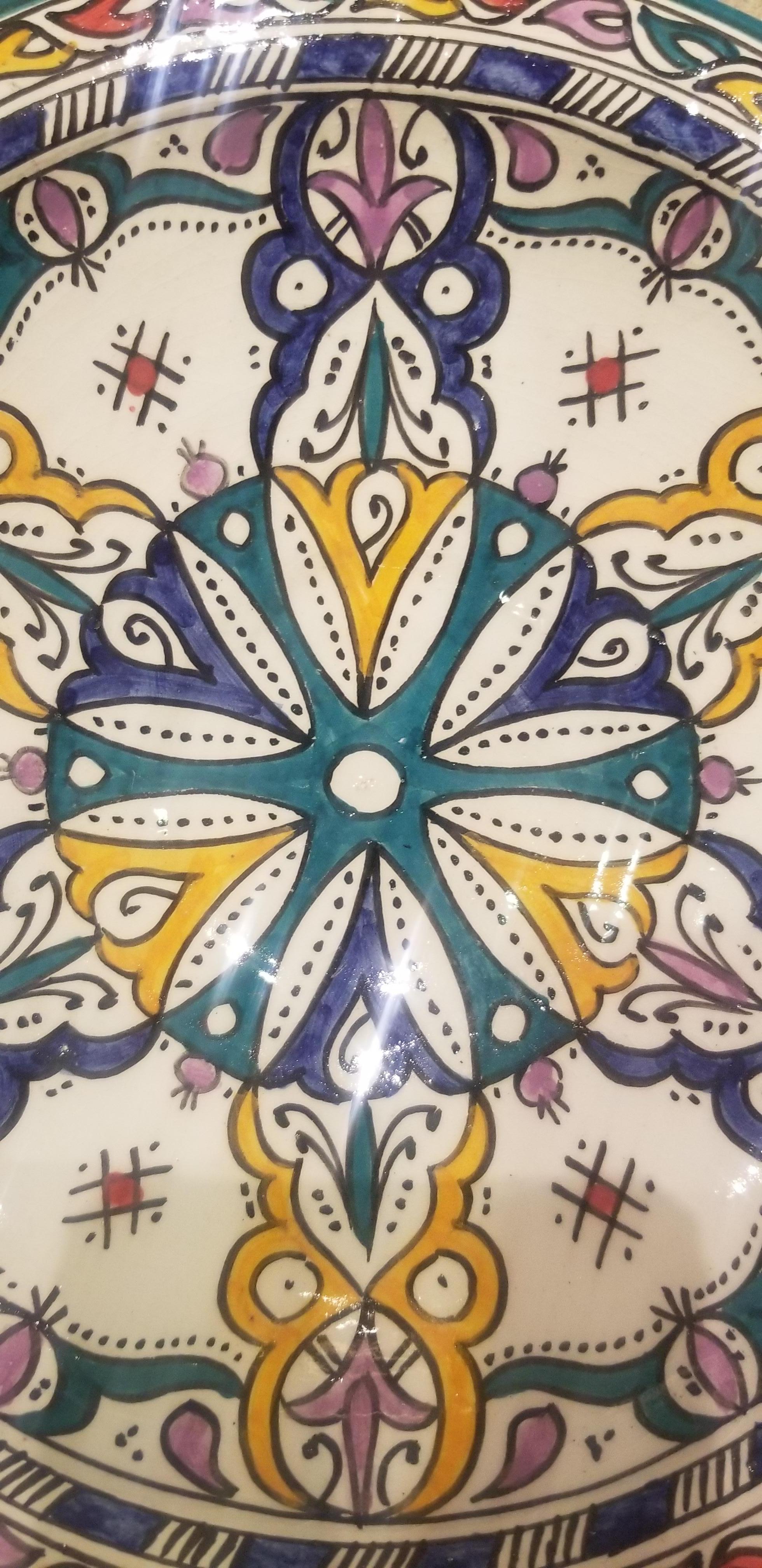 Hand-Painted Moroccan Hand Painted Pottery Plate, Multi-Color 96 For Sale