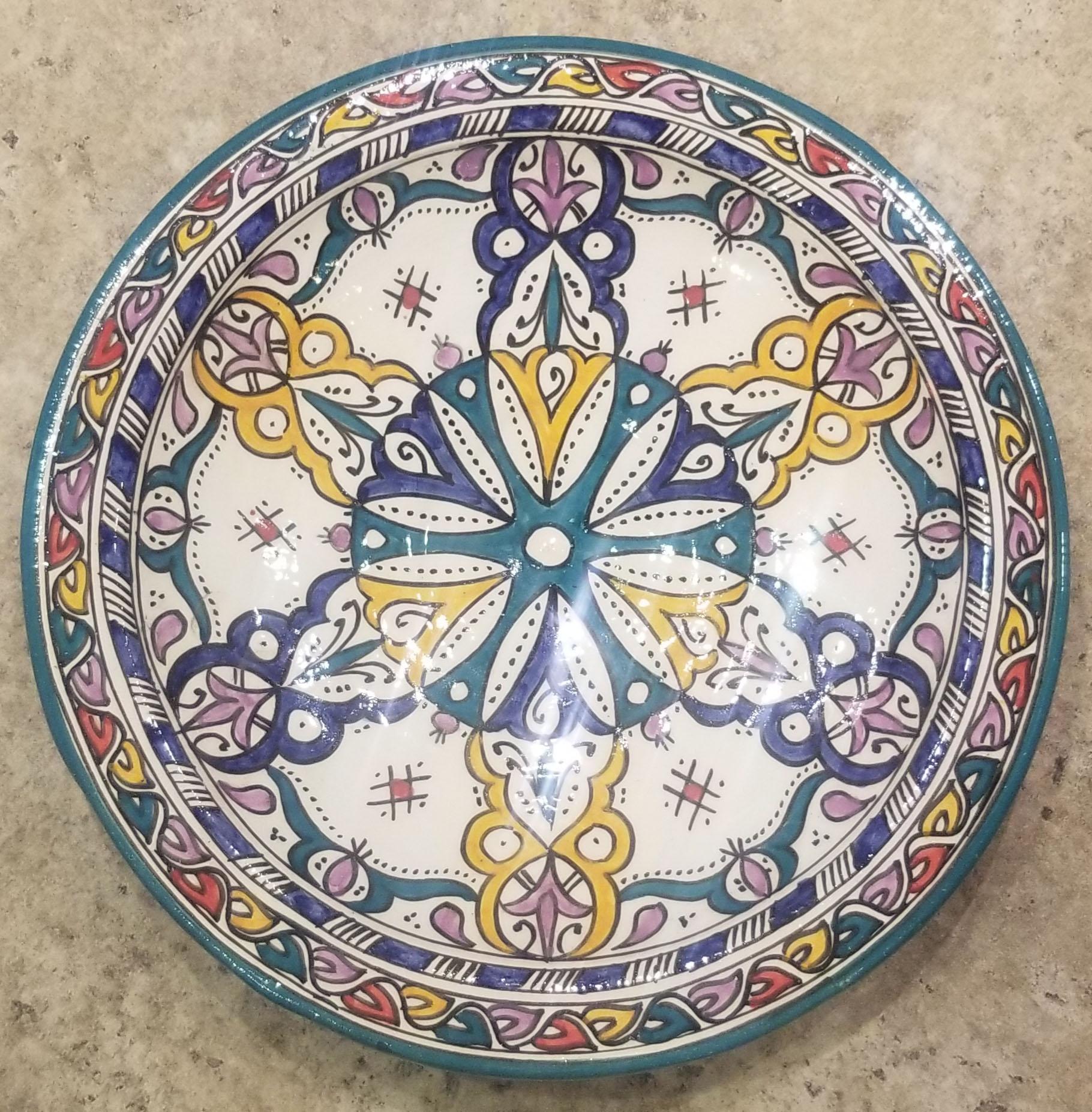 Contemporary Moroccan Hand Painted Pottery Plate, Multi-Color 96 For Sale