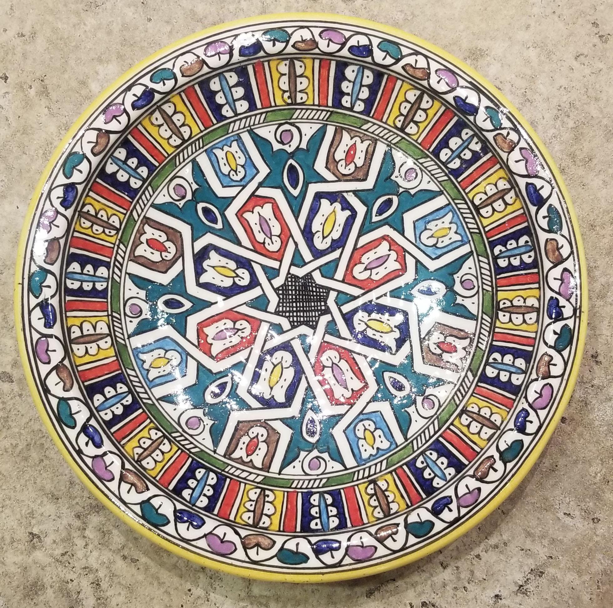 Contemporary Moroccan Hand Painted Pottery Plate, Multi-Color 92 For Sale