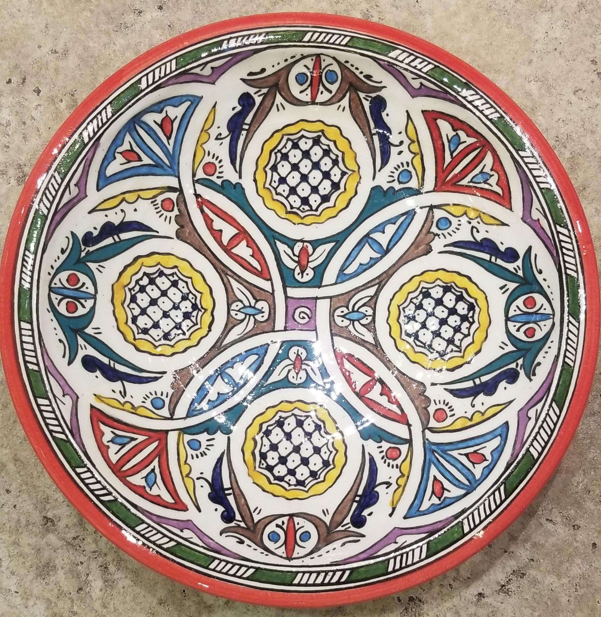Contemporary Moroccan Hand Painted Pottery Plate, Multi-Color 93 For Sale