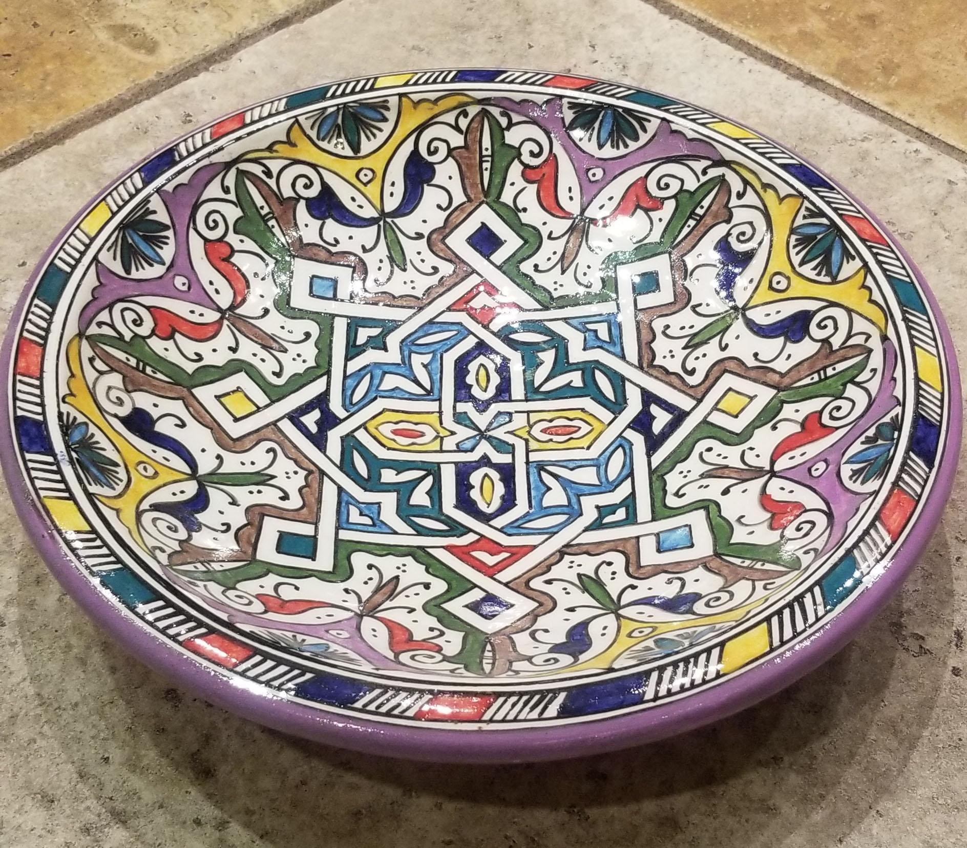 Hand-Painted Moroccan Hand Painted Pottery Plate, Multi-Color 94 For Sale