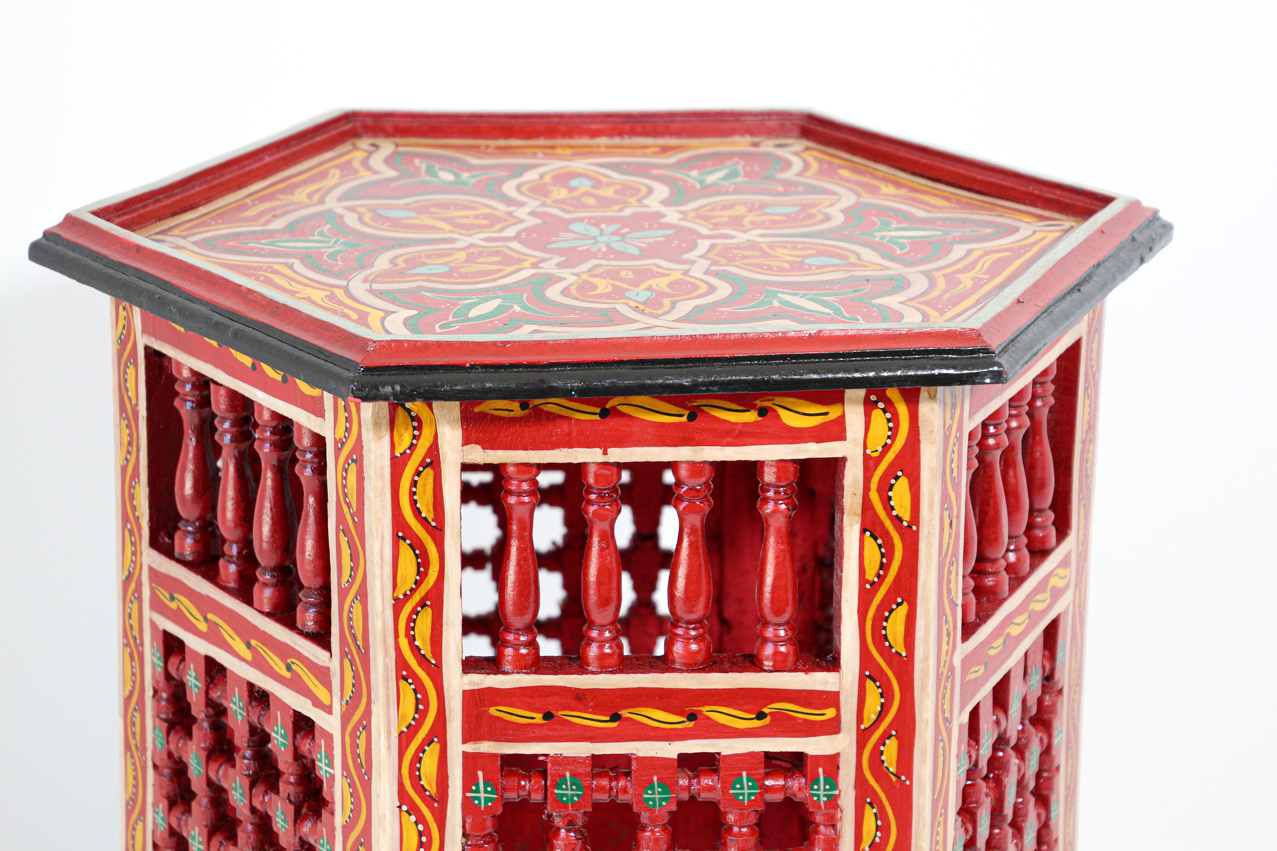 Hand-Carved Moroccan Hand Painted Side Table in Red