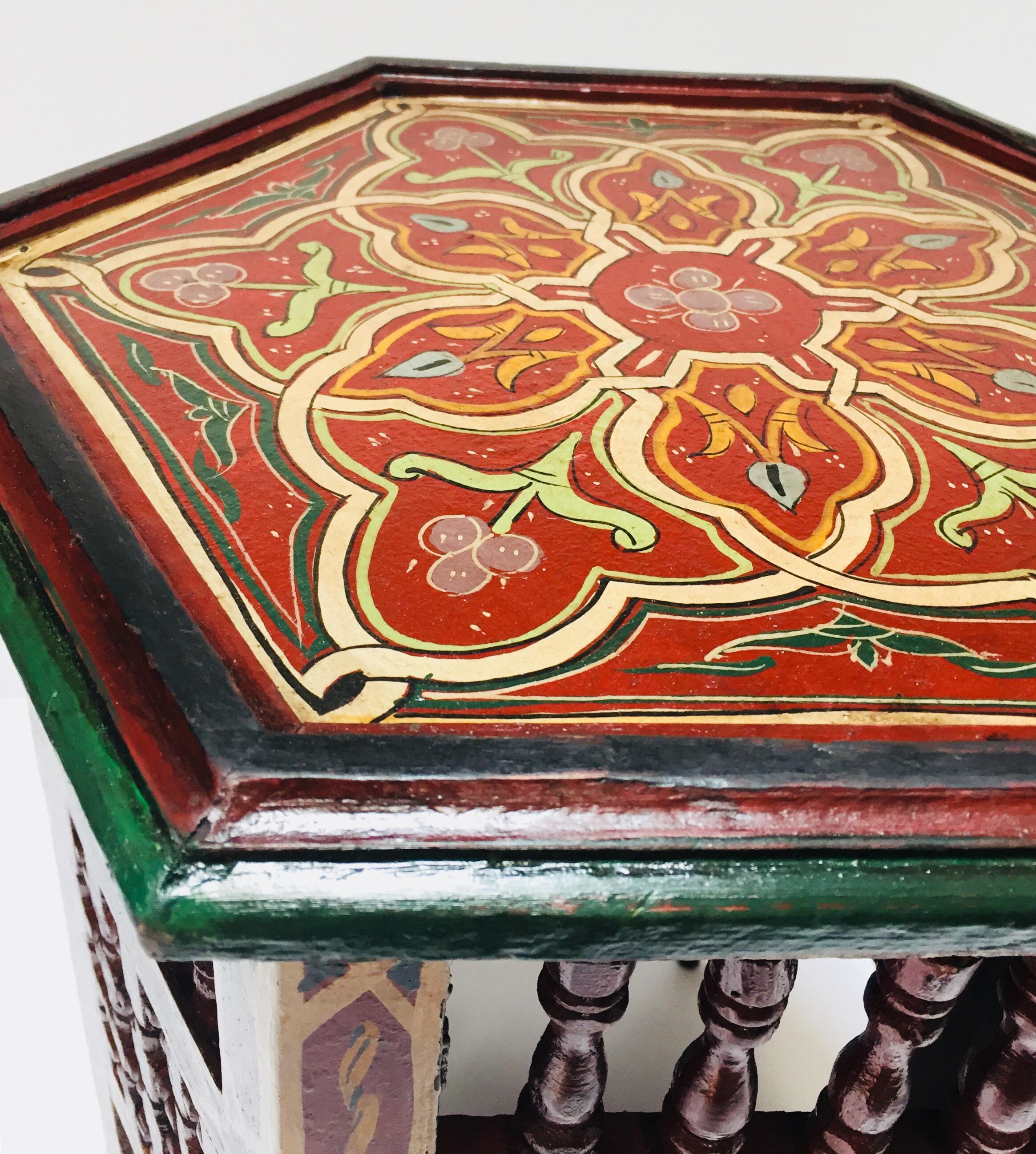 Wood Moroccan Hand-Painted Side Table with Moorish Designs