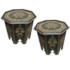 Moroccan Hand-Painted Wood Octagonal Side Table with Green Moorish Designs