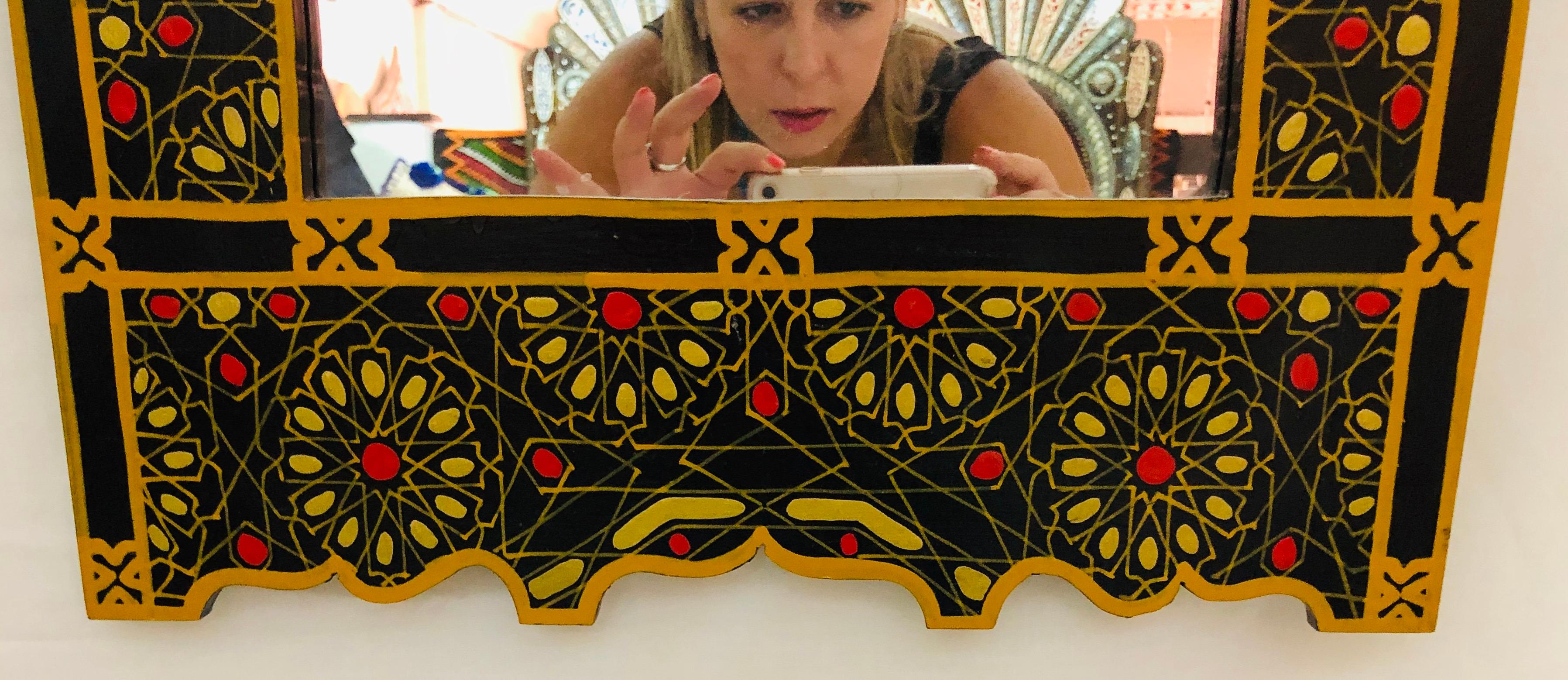 Moorish Moroccan Hand Painted Wall or Vanity Mirror in Black with Gold and Mustard