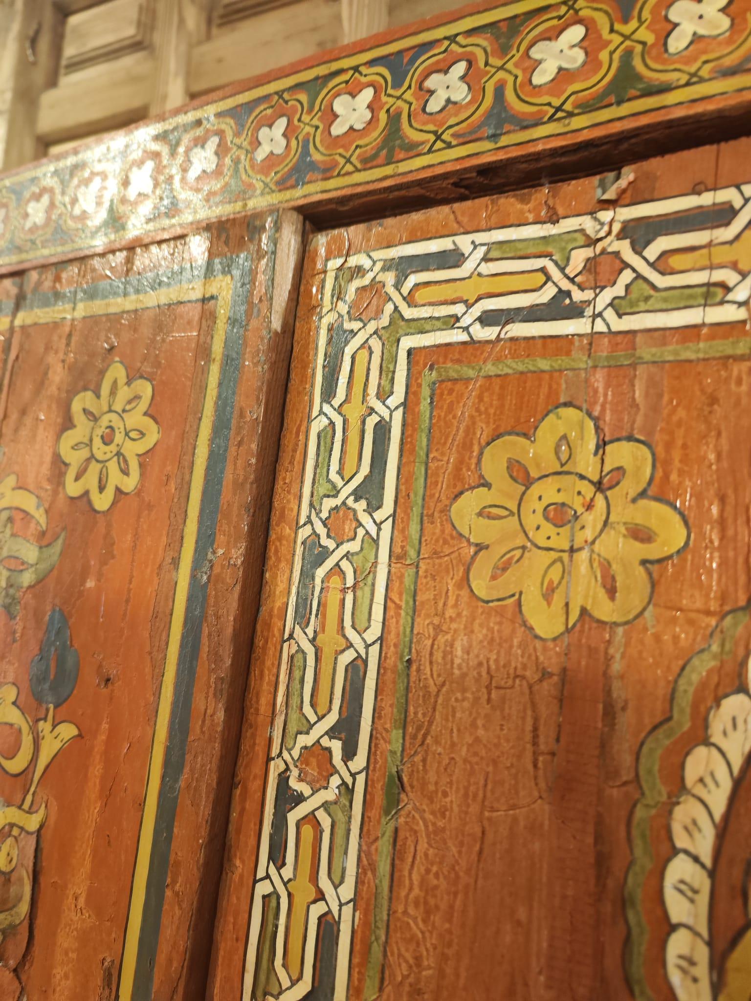 Moroccan Hand-Painted Wooden Door with Flower and Geometric Decoration For Sale 13