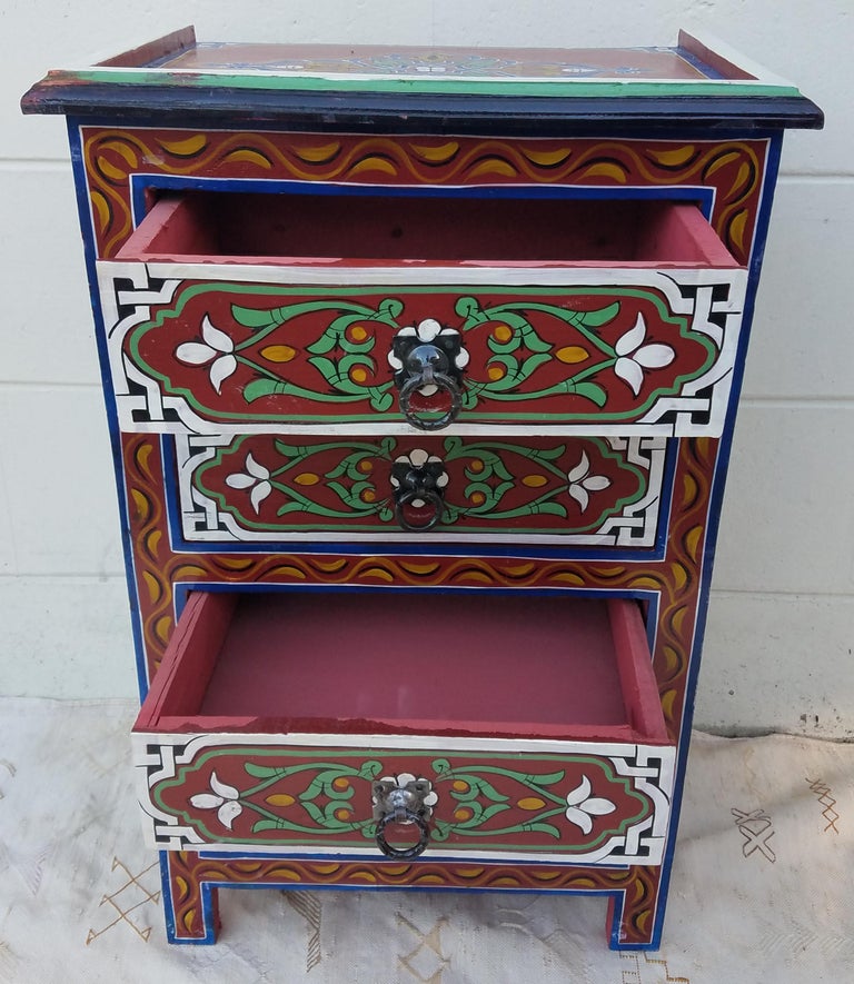 Moroccan Hand Painted Wooden Nightstand, 3 For Sale at 1stDibs