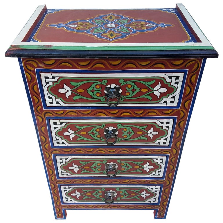 Moroccan Hand Painted Wooden Nightstand, 3 For Sale at 1stDibs