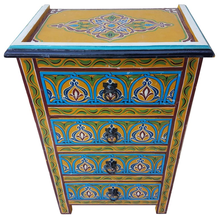 Moroccan Hand Painted Wooden Nightstand 4 At 1stdibs Moroccan Hand Painted Wooden Nightstand 4 For