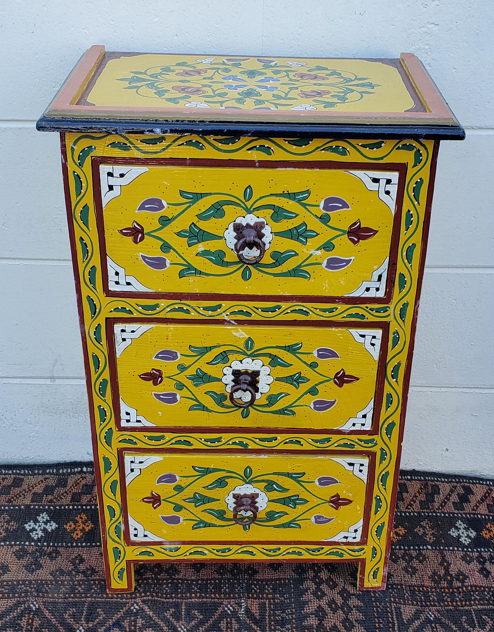 2 matching available. Beautiful hand painted nightstand from Morocco, measuring approximately 27