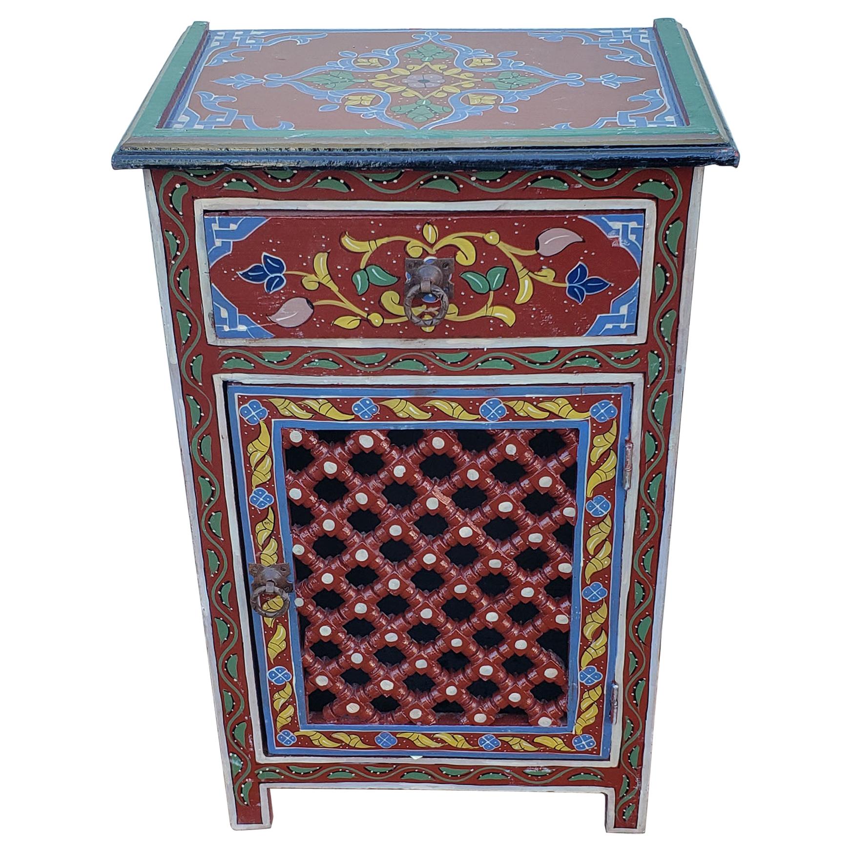 Moroccan Hand Painted Wooden Nightstand, MAR3LM23 For Sale