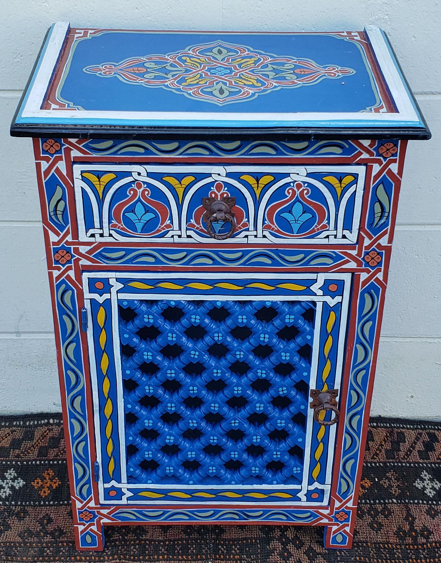 2 matching available. Beautiful hand painted nightstand from Morocco, measuring approximately 27