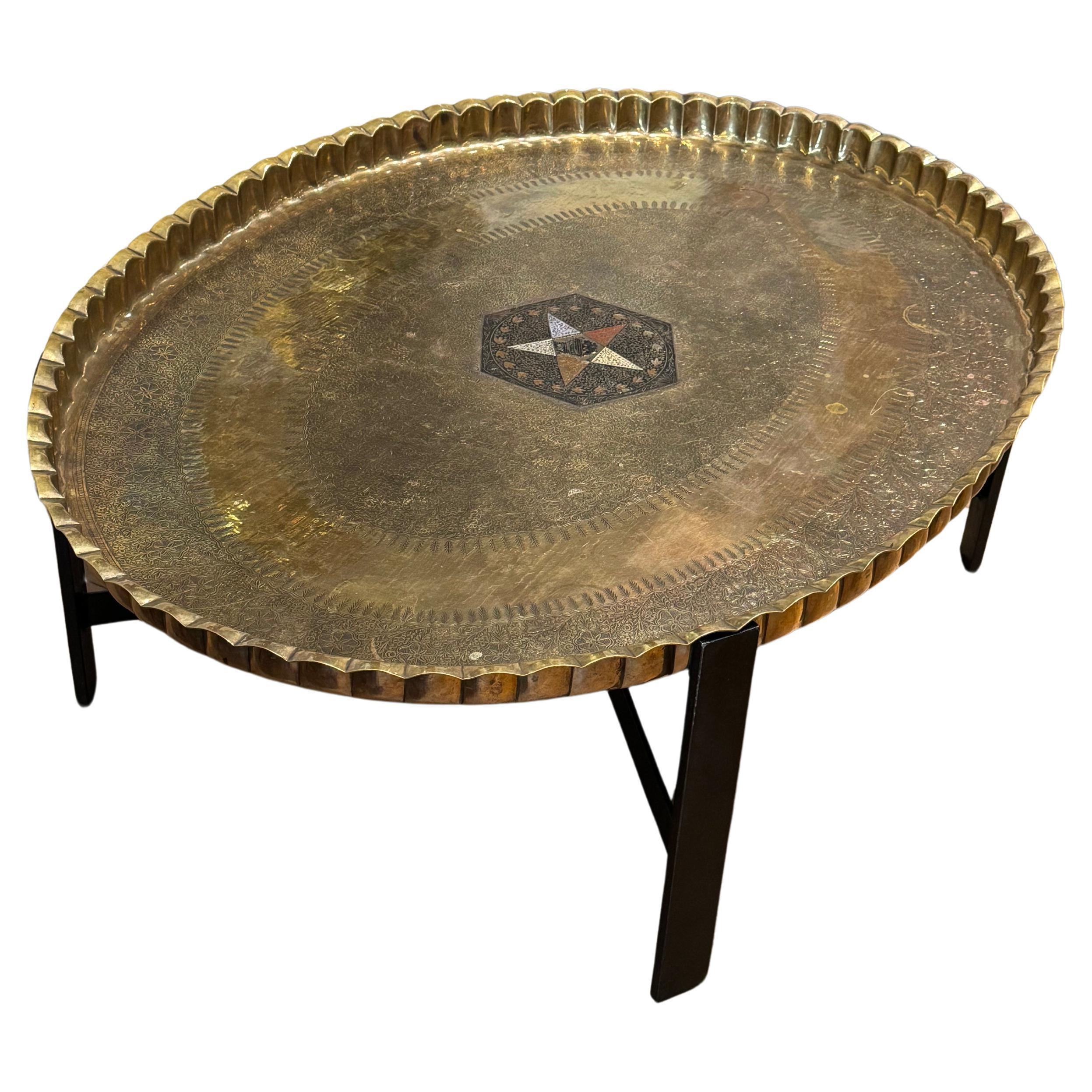 Repoussé Moroccan Hand Texted Brass Coffee Table, Circa 1930 