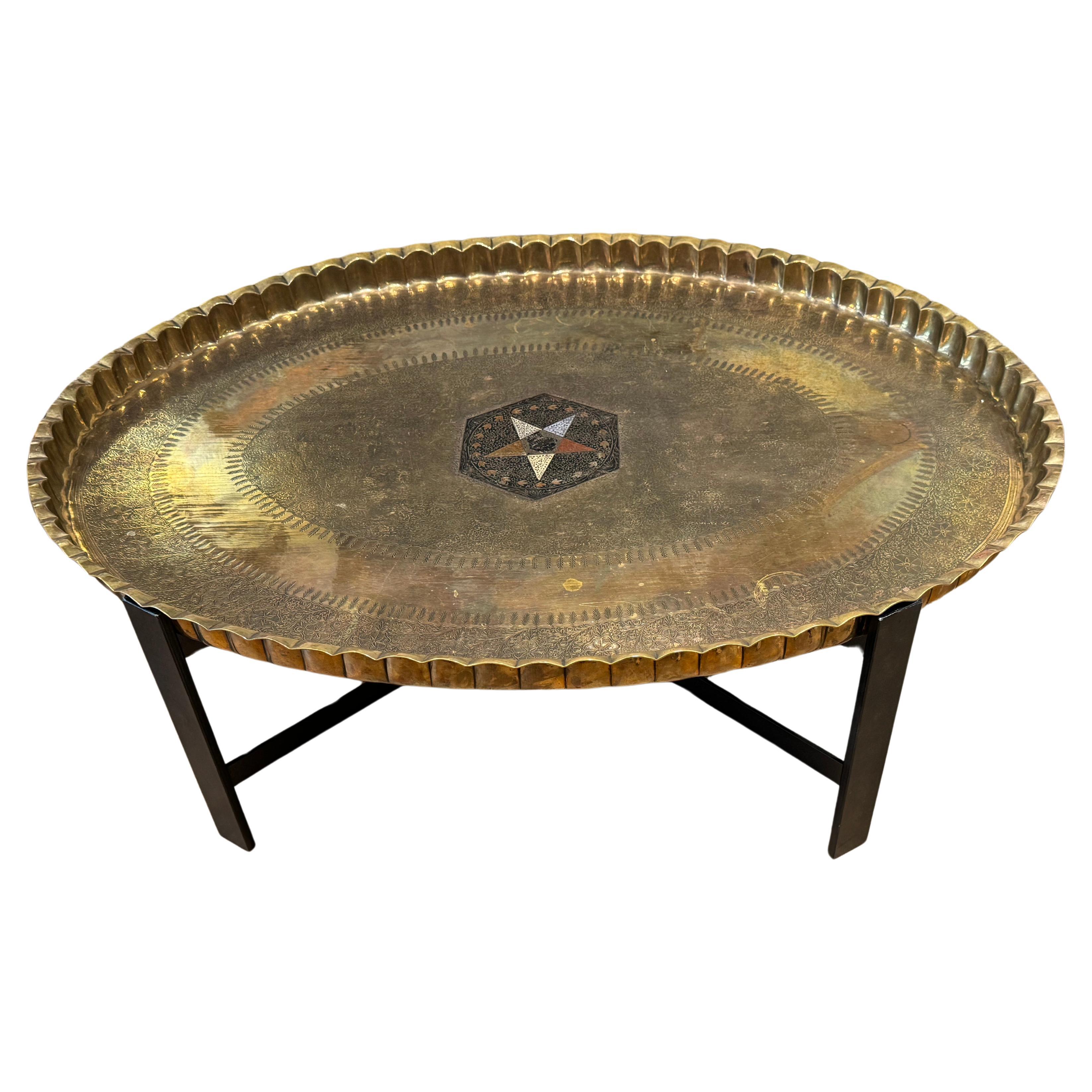 Moroccan Hand Texted Brass Coffee Table, Circa 1930  For Sale
