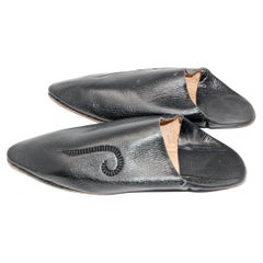 Vintage Moroccan Hand Tooled Black Leather Slippers Pointed Shoes
