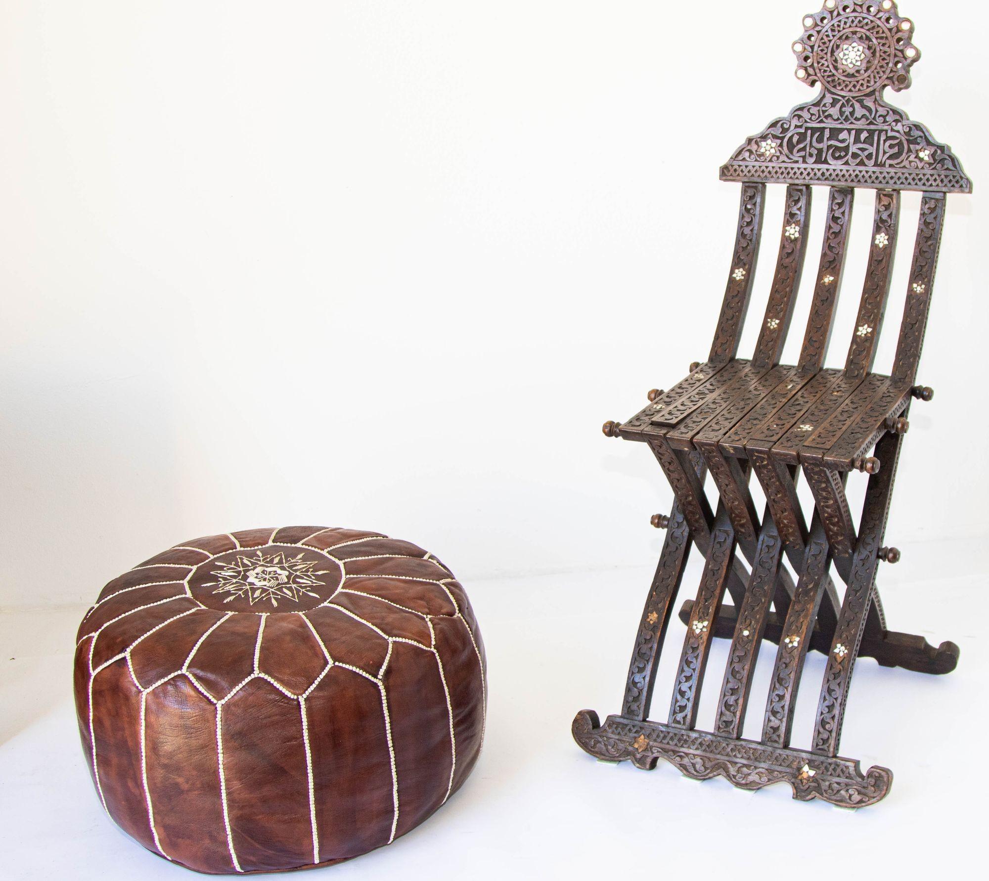 Moroccan Hand Tooled Brown Leather Pouf For Sale 1