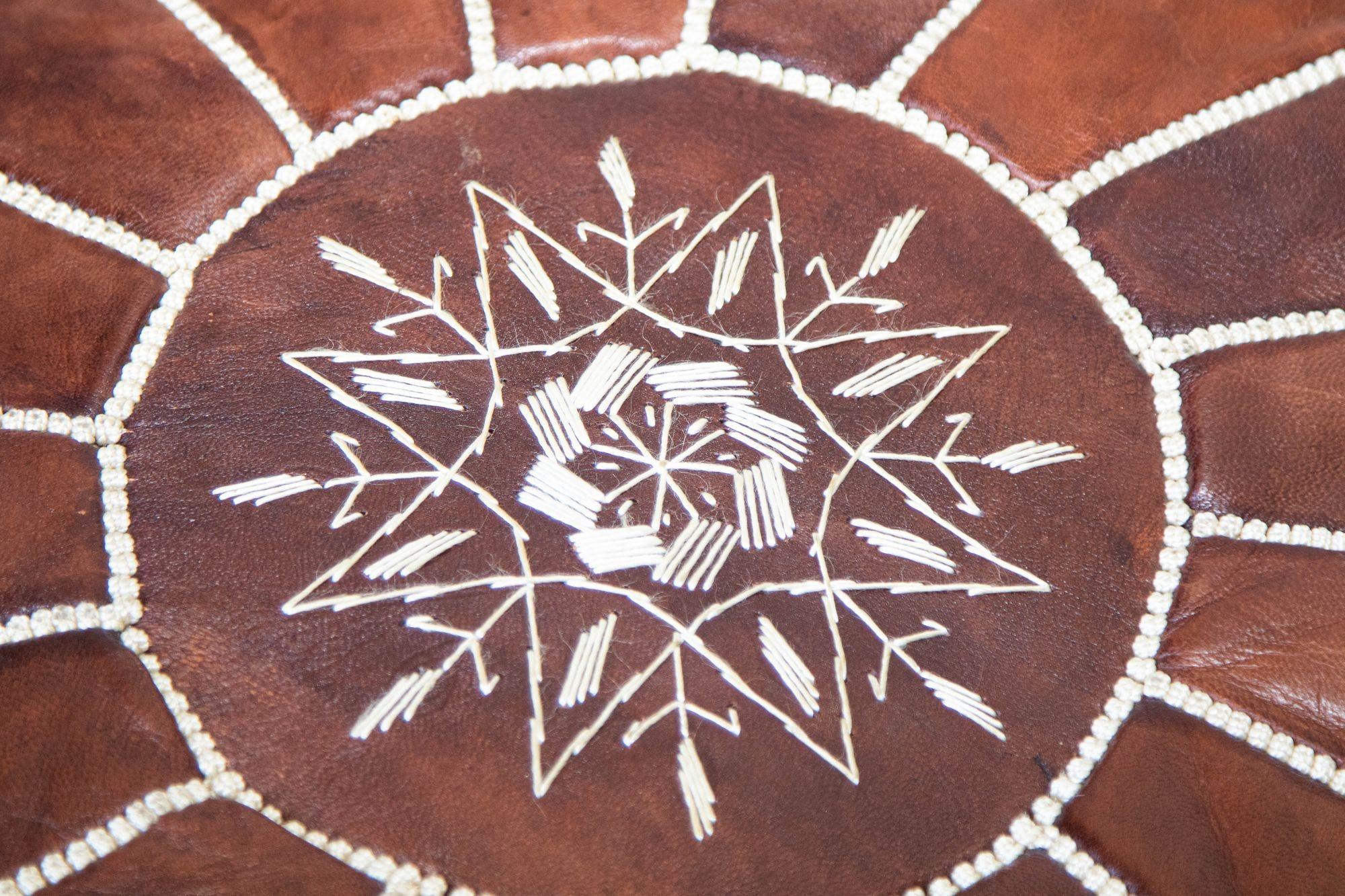 Moroccan Hand Tooled Brown Leather Pouf For Sale 3