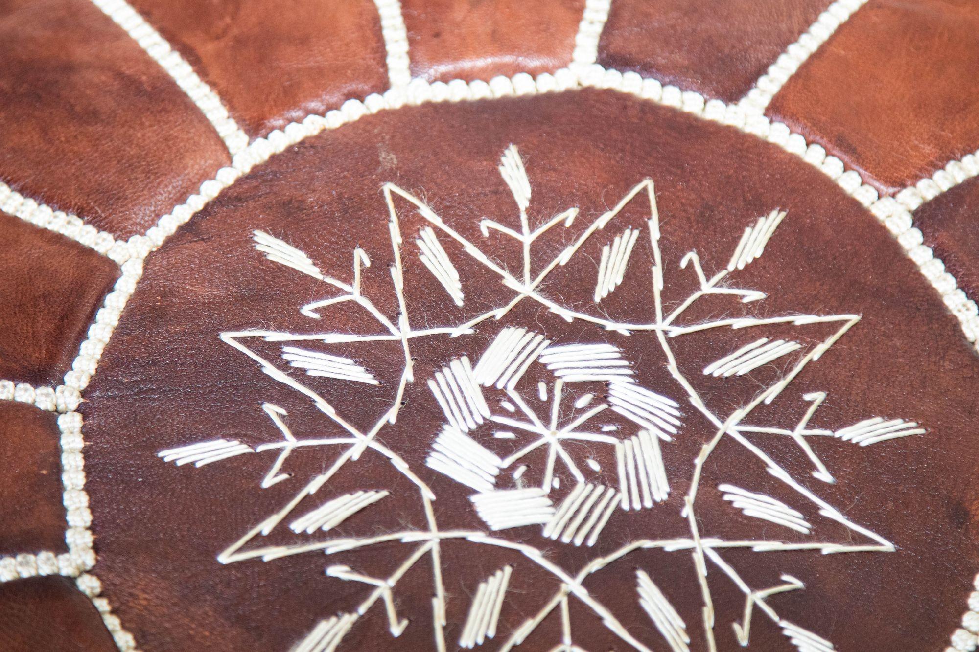 Moroccan Hand Tooled Brown Leather Pouf For Sale 4