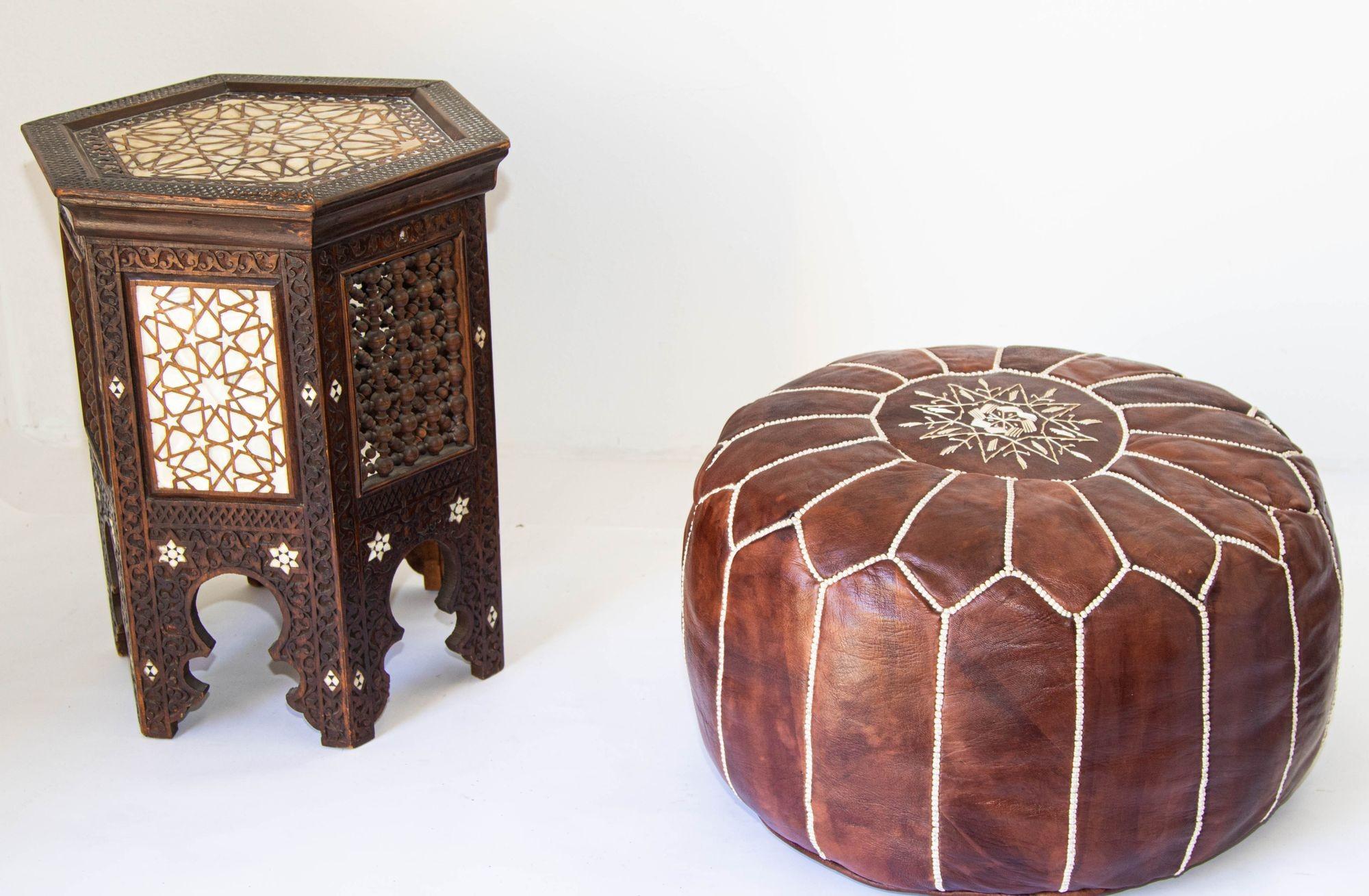 Moroccan Hand Tooled Brown Leather Pouf For Sale 5