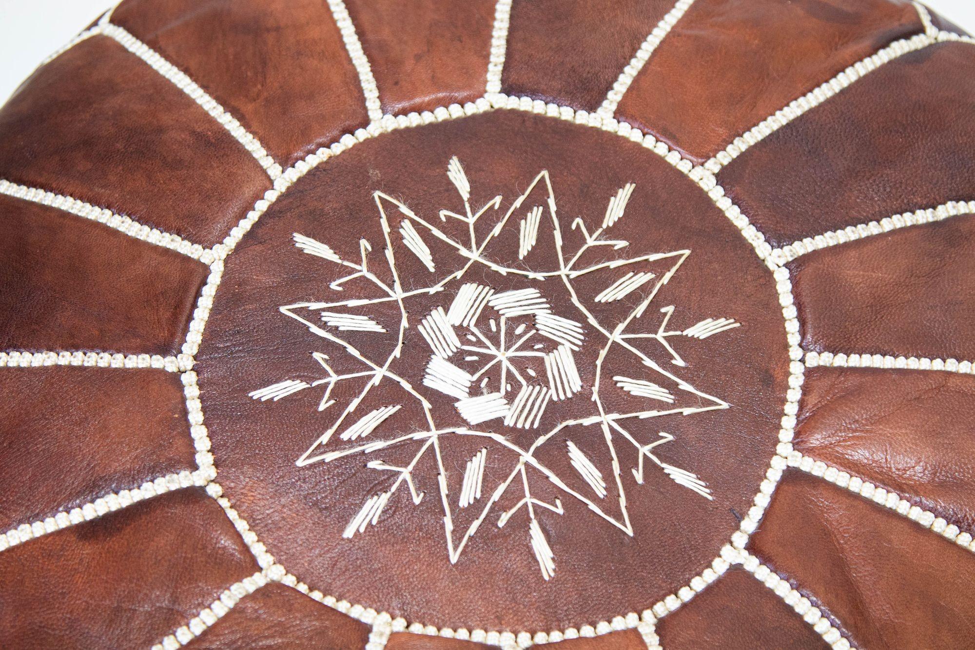 Moroccan Hand Tooled Brown Leather Pouf For Sale 7