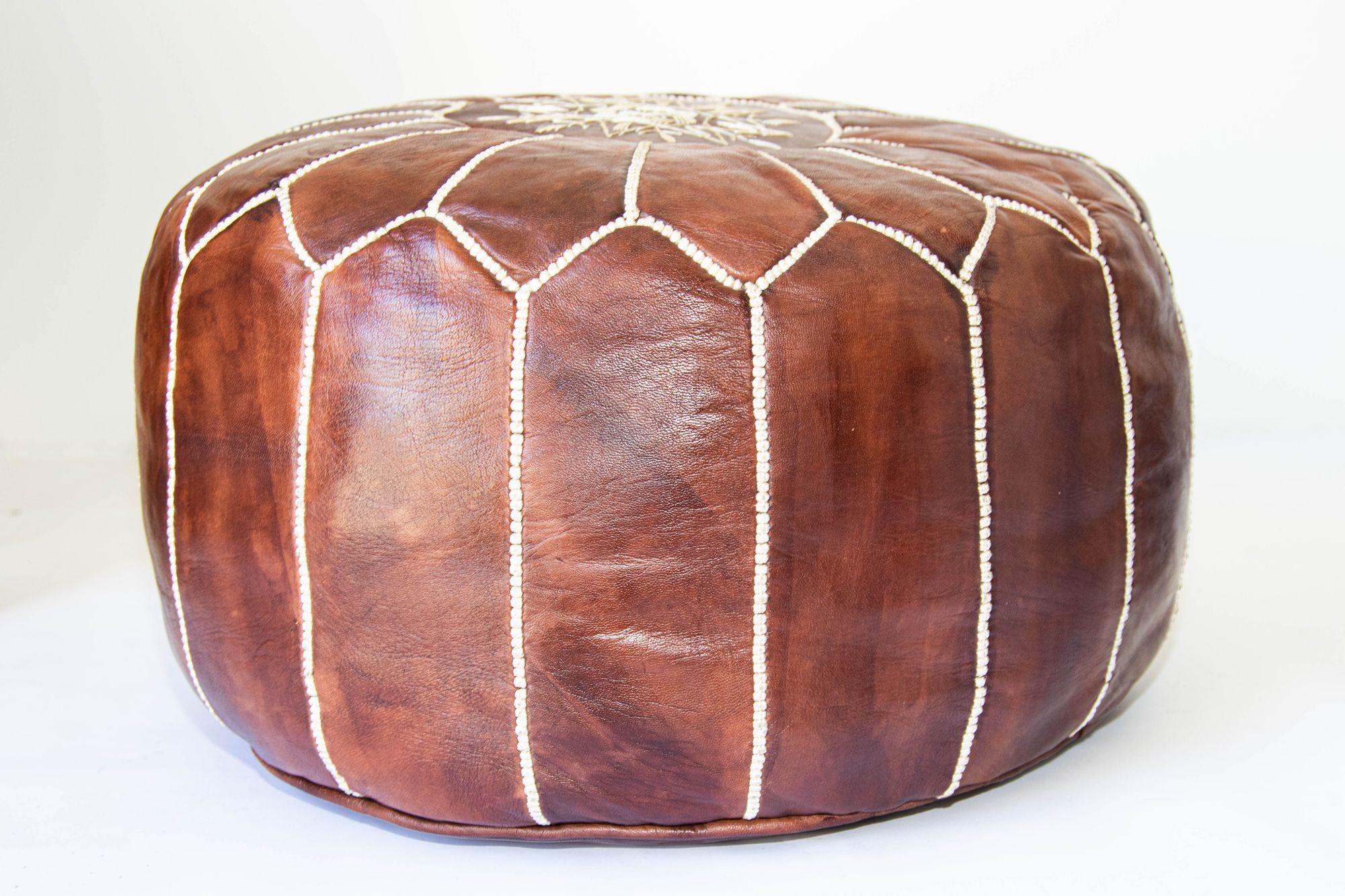 Moroccan Hand Tooled Brown Leather Pouf For Sale 8