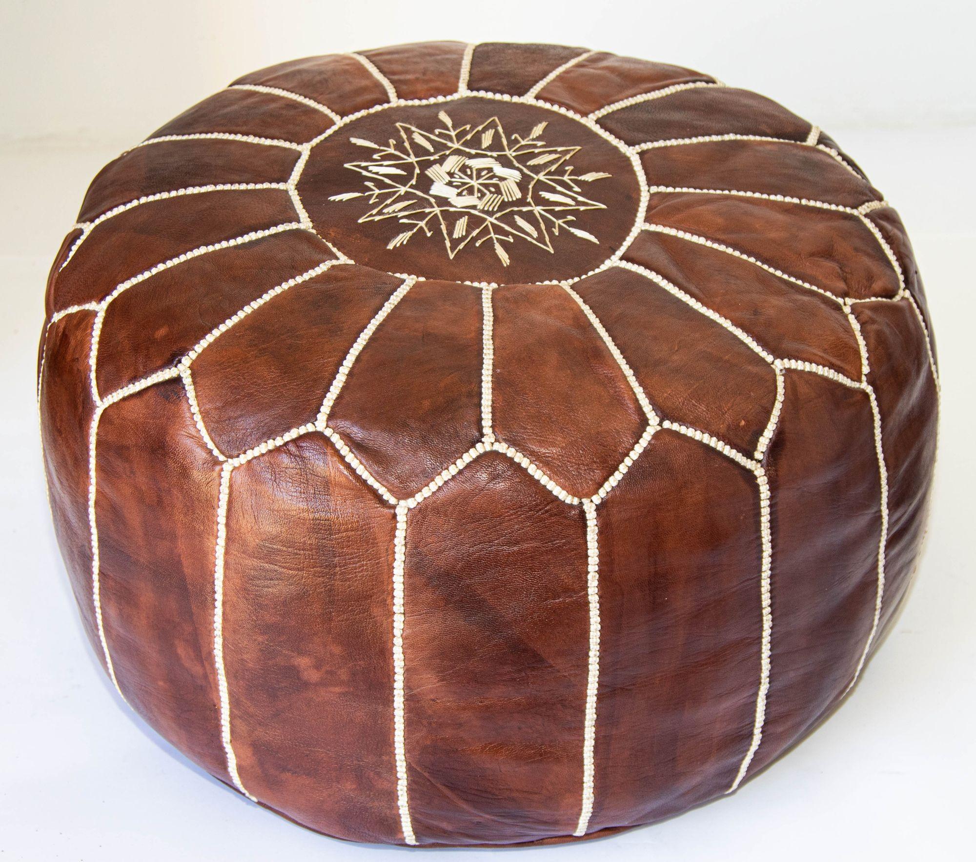 Moroccan Hand Tooled Brown Leather Pouf For Sale 9