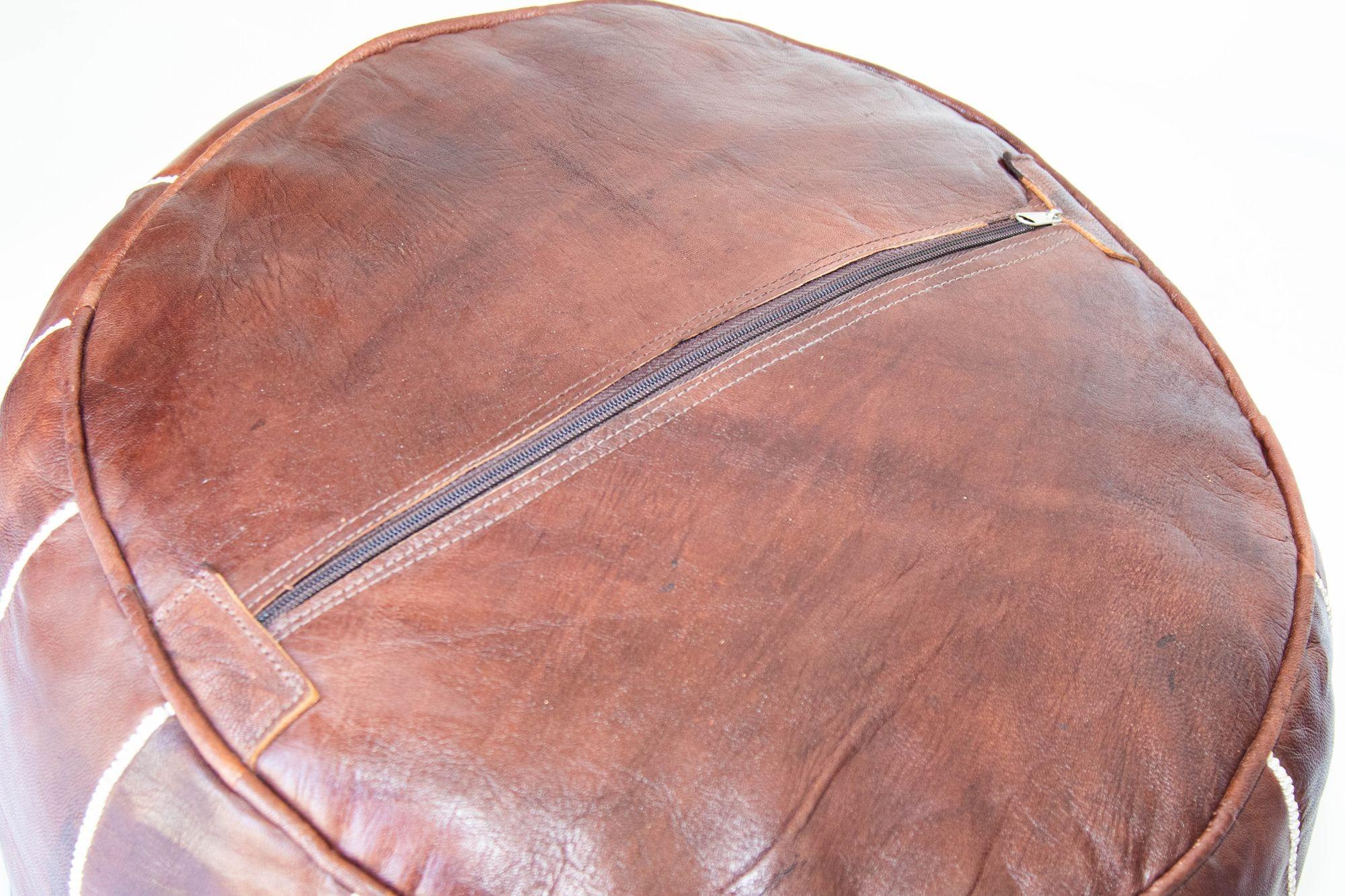 Mid-Century Modern Moroccan Hand Tooled Brown Leather Pouf For Sale