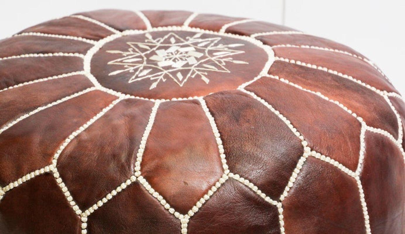 Hand-Crafted Moroccan Hand Tooled Brown Leather Pouf For Sale