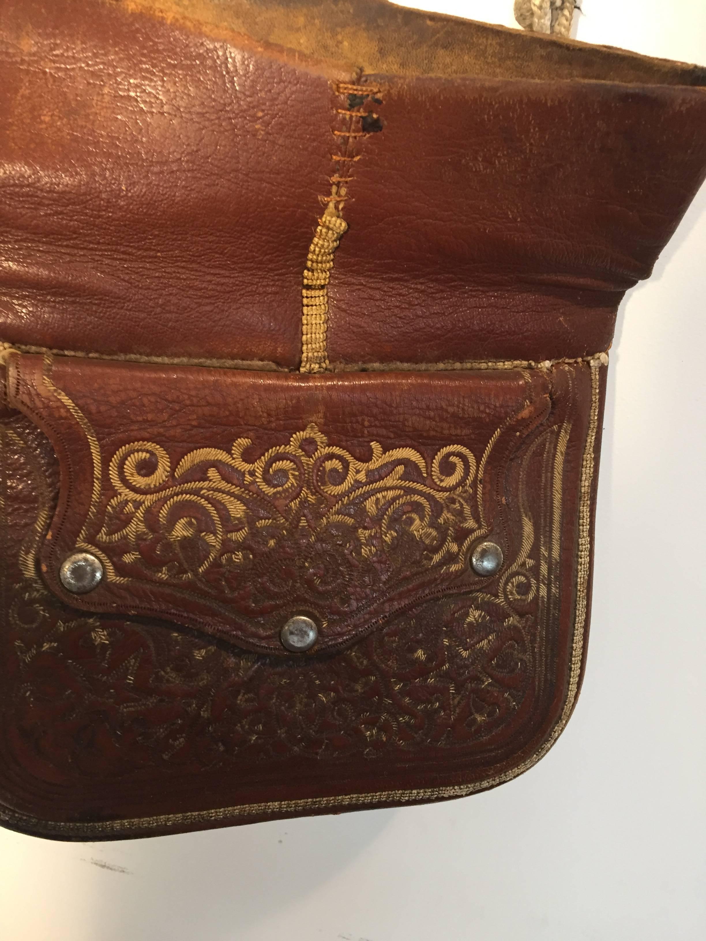 Black Moroccan Hand Tooled Leather Berber Tribal Shoulder Bag For Sale