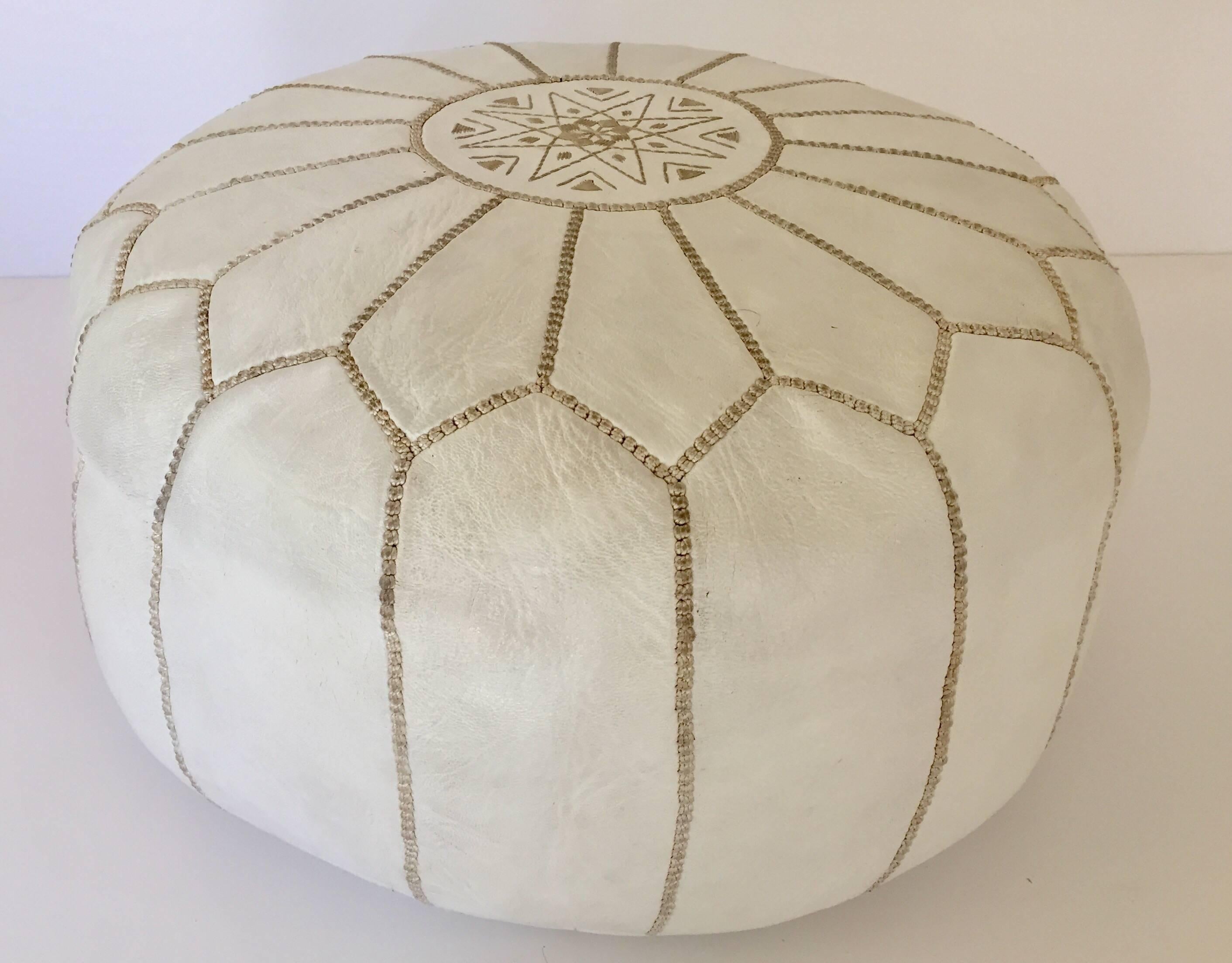 Moroccan Hand Tooled Leather Pouf in White Color 4