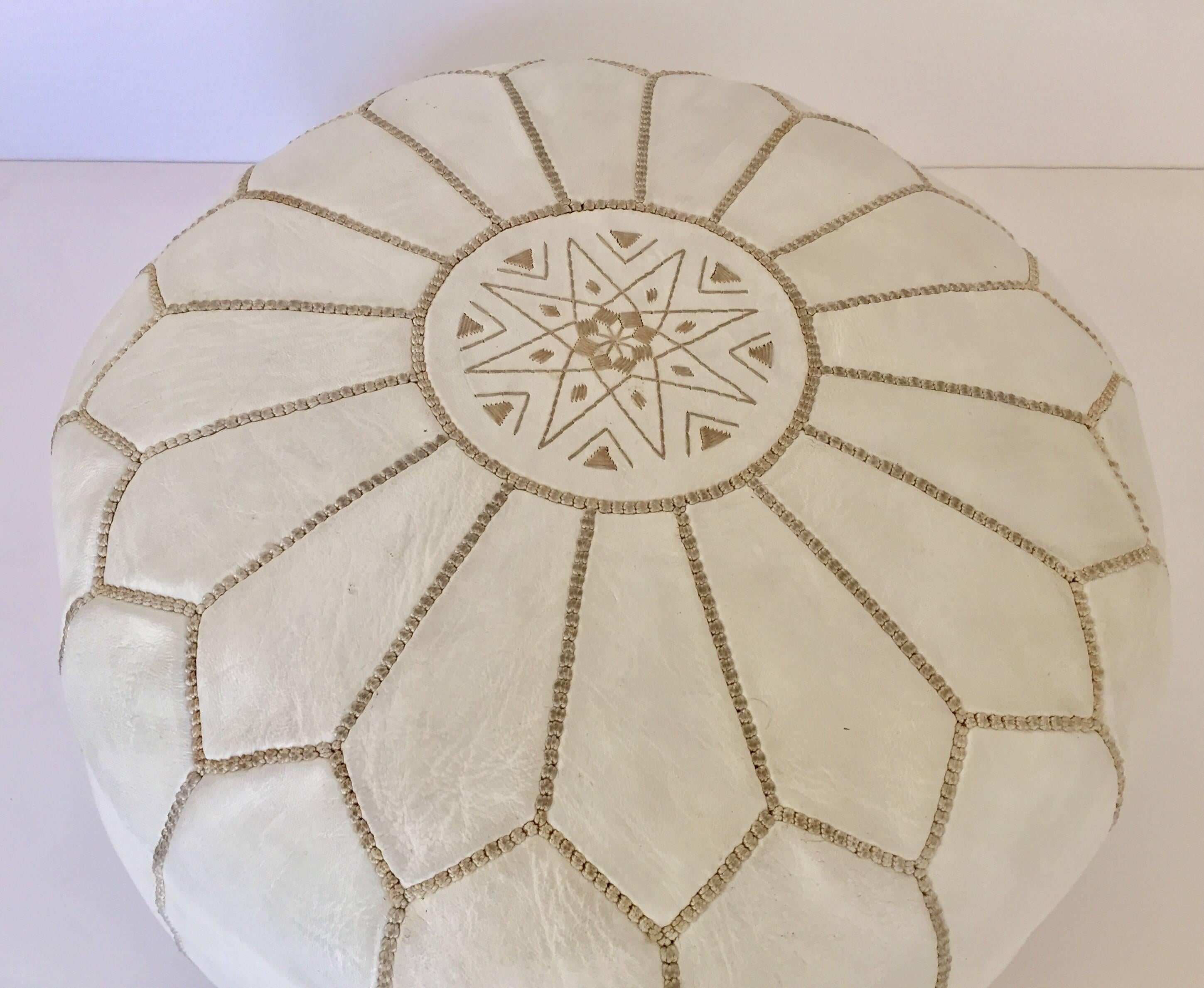 Moroccan Hand Tooled Leather Pouf in White Color 5