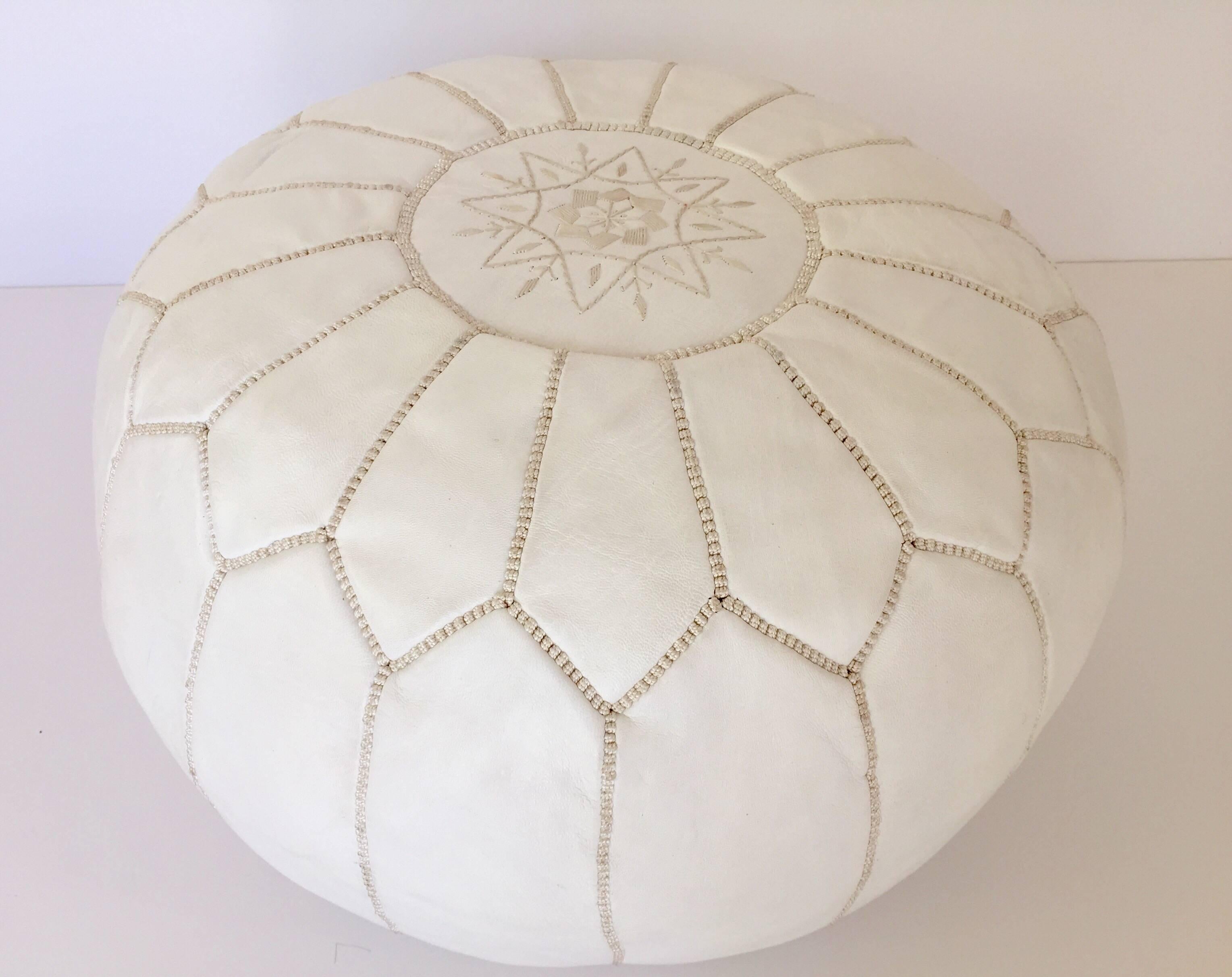 Folk Art Moroccan Hand Tooled Leather Pouf in White Color