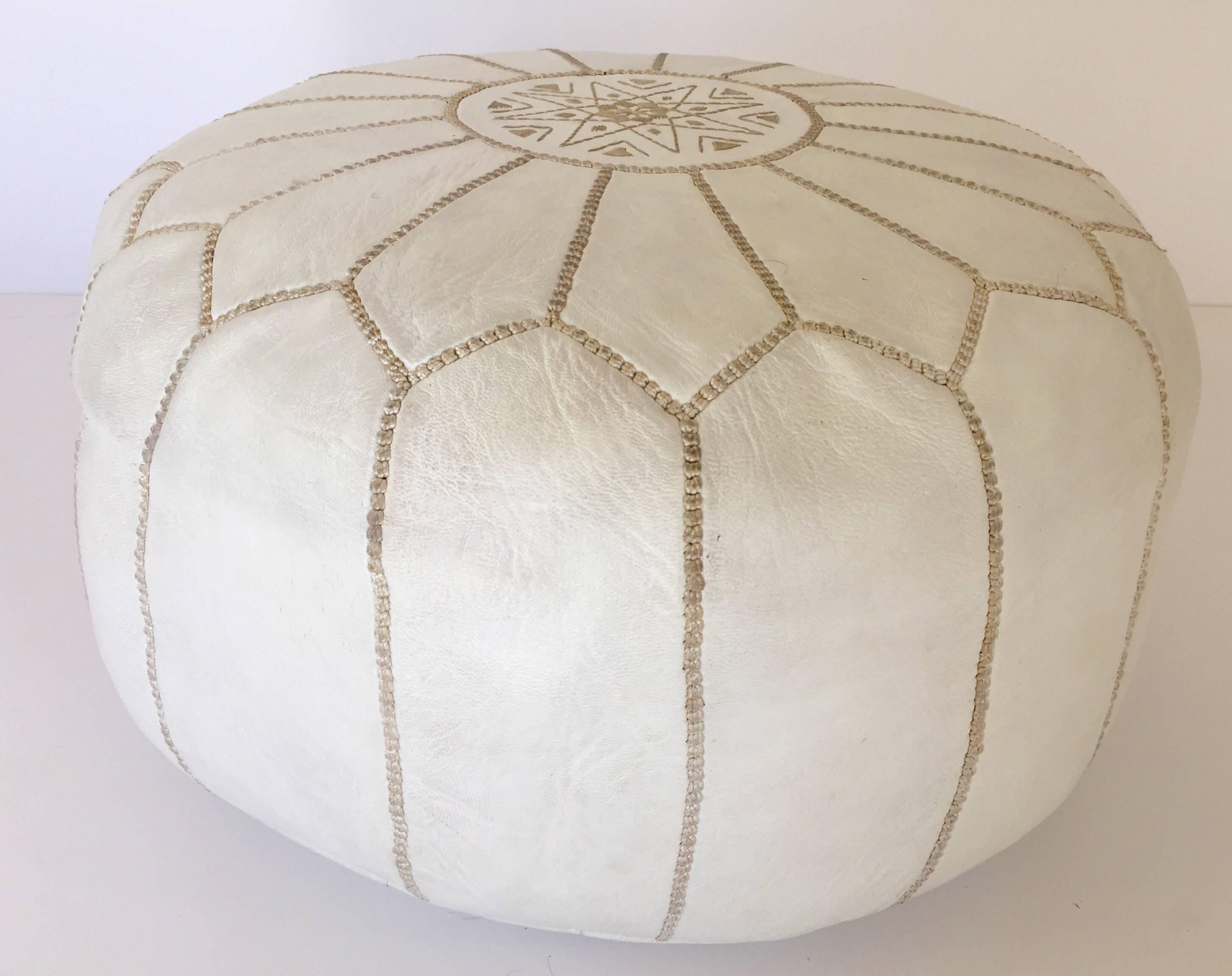 Hand-Crafted Moroccan Hand Tooled Leather Pouf in White Color