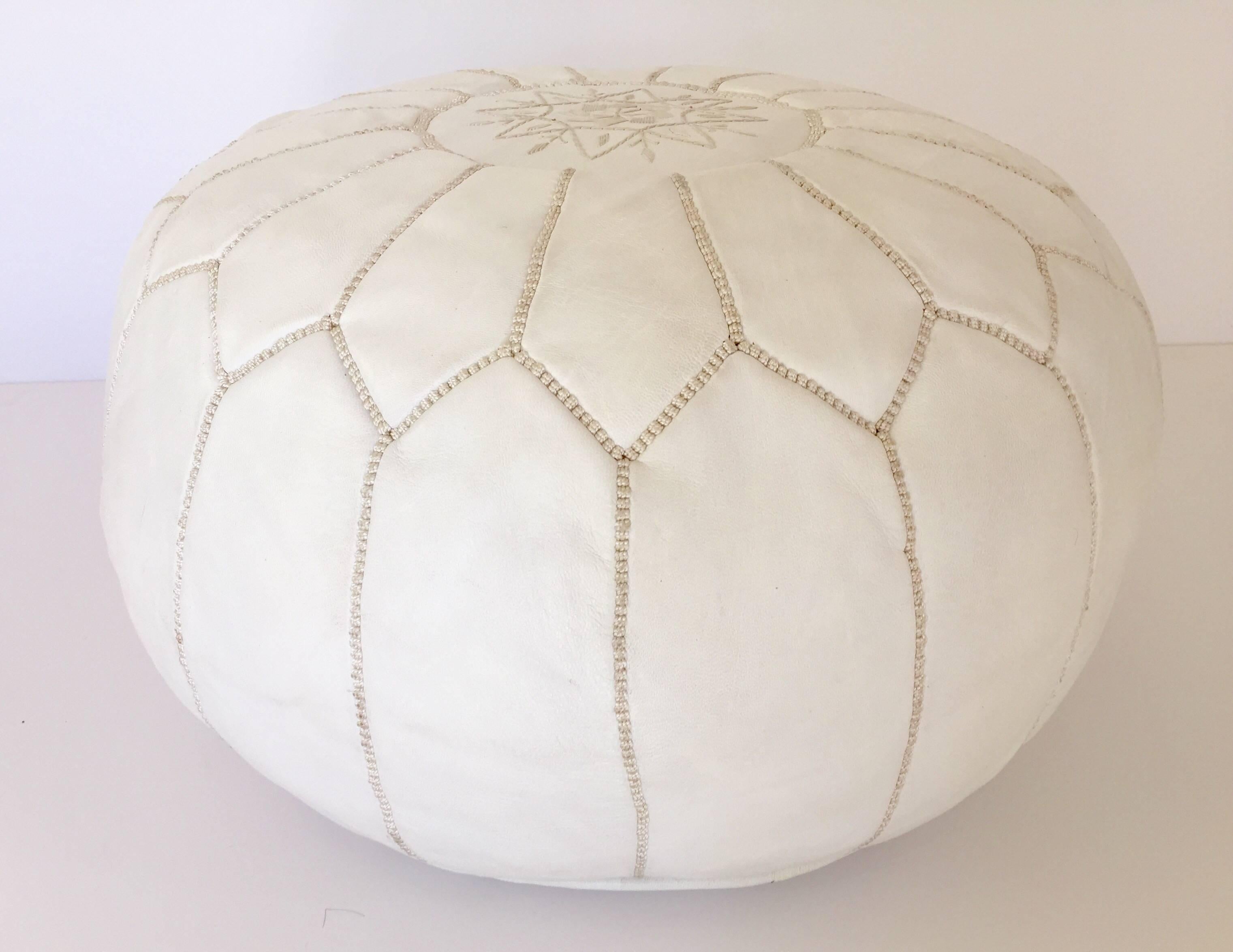 Moroccan Hand Tooled Leather Pouf in White Color In Good Condition In North Hollywood, CA