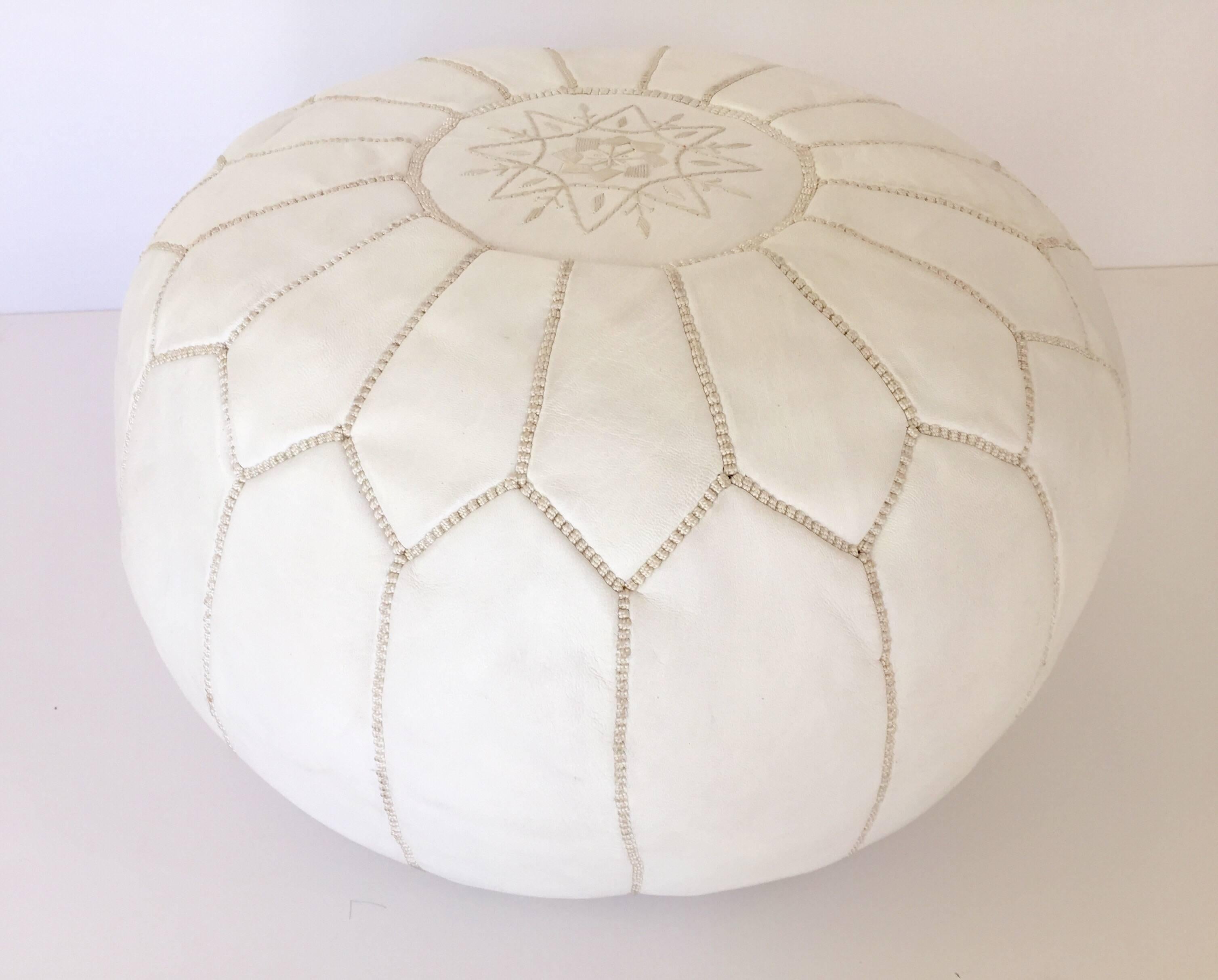 20th Century Moroccan Hand Tooled Leather Pouf in White Color