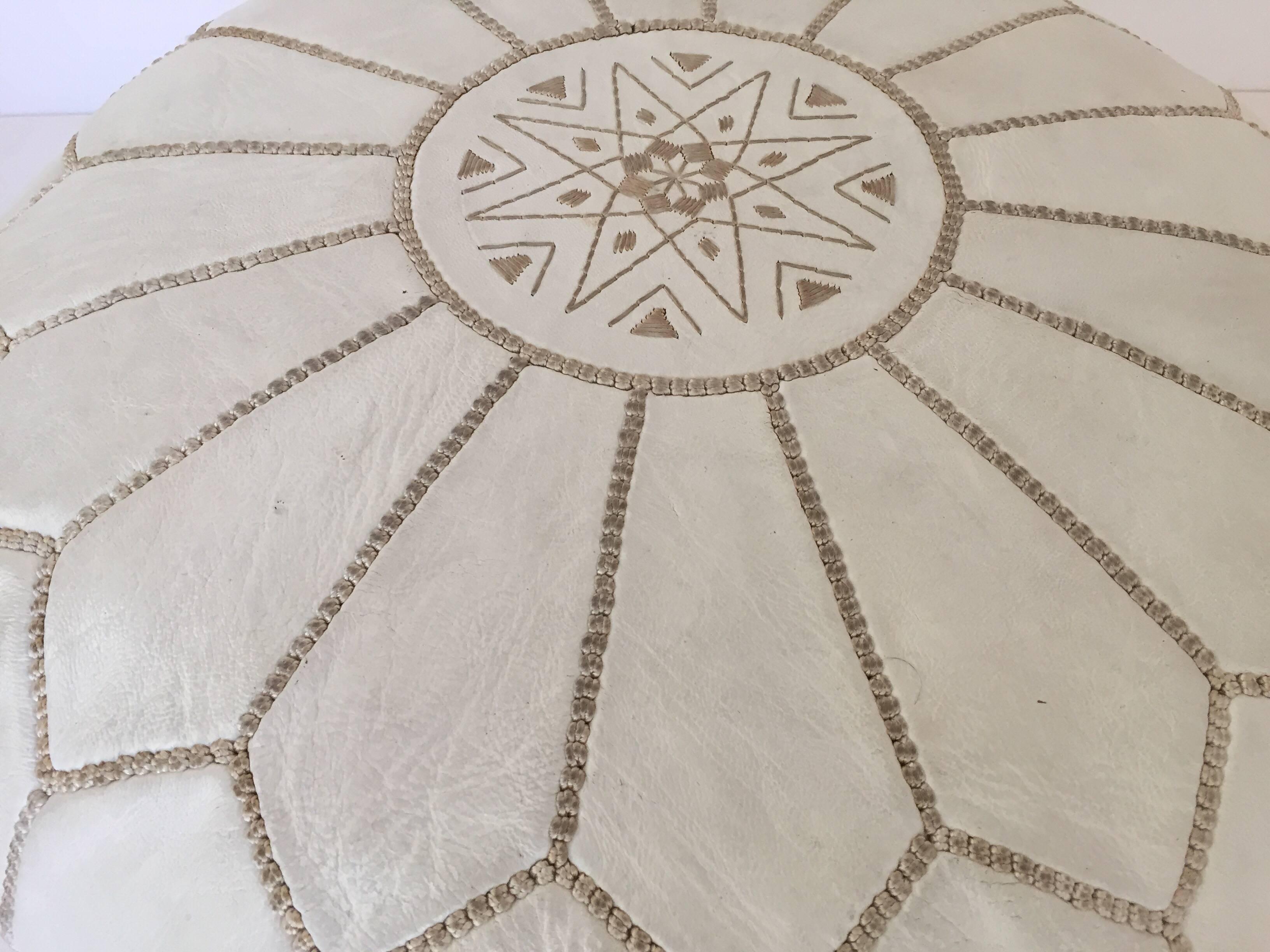 Moroccan Hand Tooled Leather Pouf in White Color 1