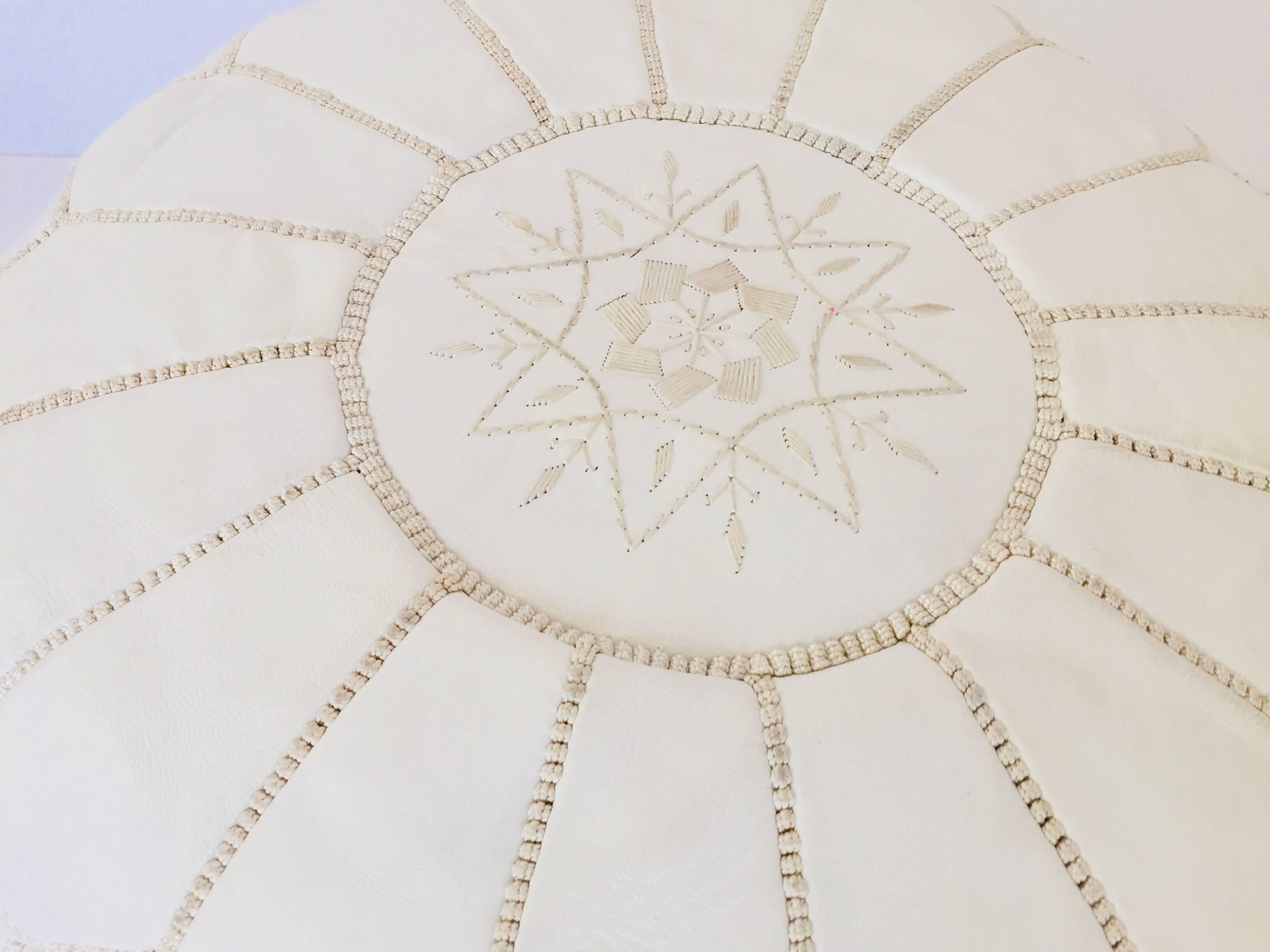 Moroccan Hand Tooled Leather Pouf in White Color 2